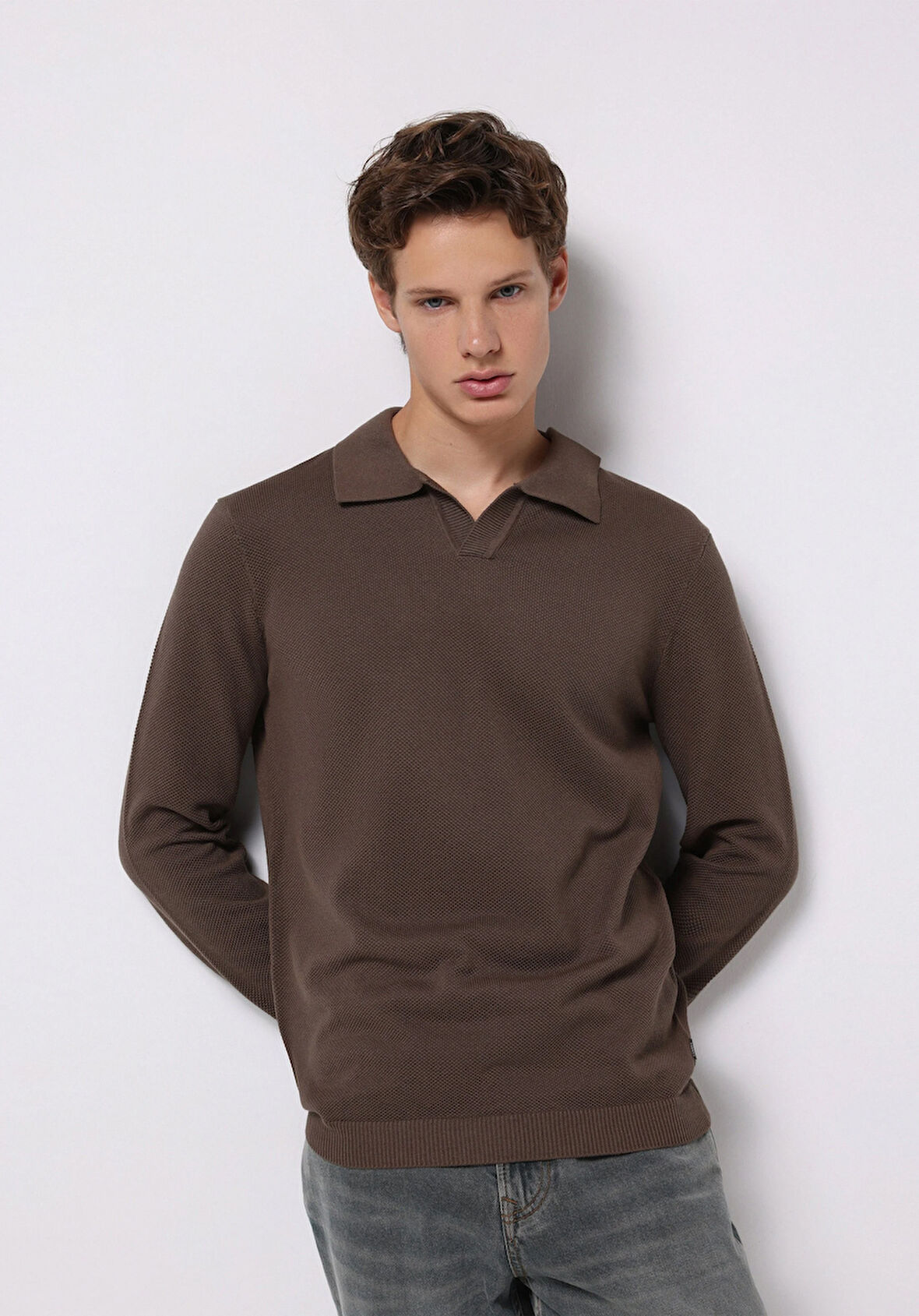 Regular Fit Polo Yaka Jakarlı Erkek Kahverengi Kazak