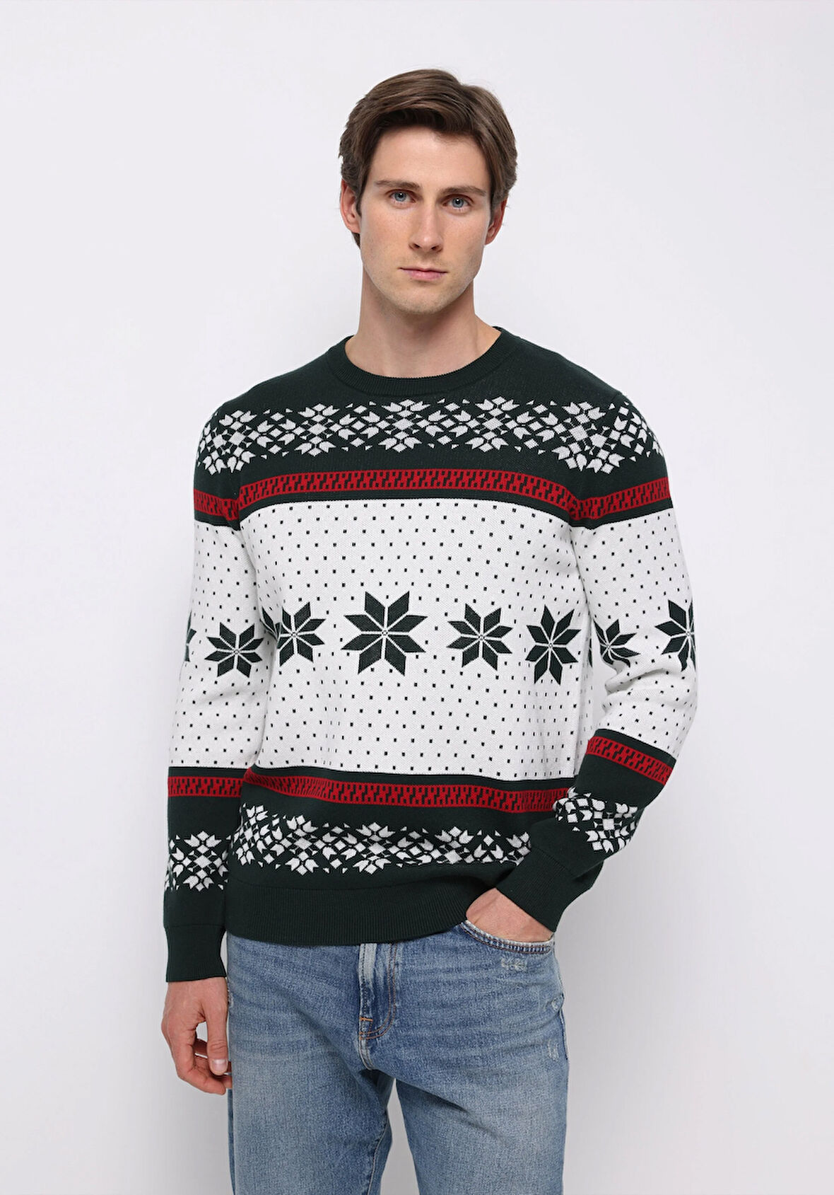 Regular Fit Yuvarlak Yaka Jakarlı Erkek Yeşil Kazak