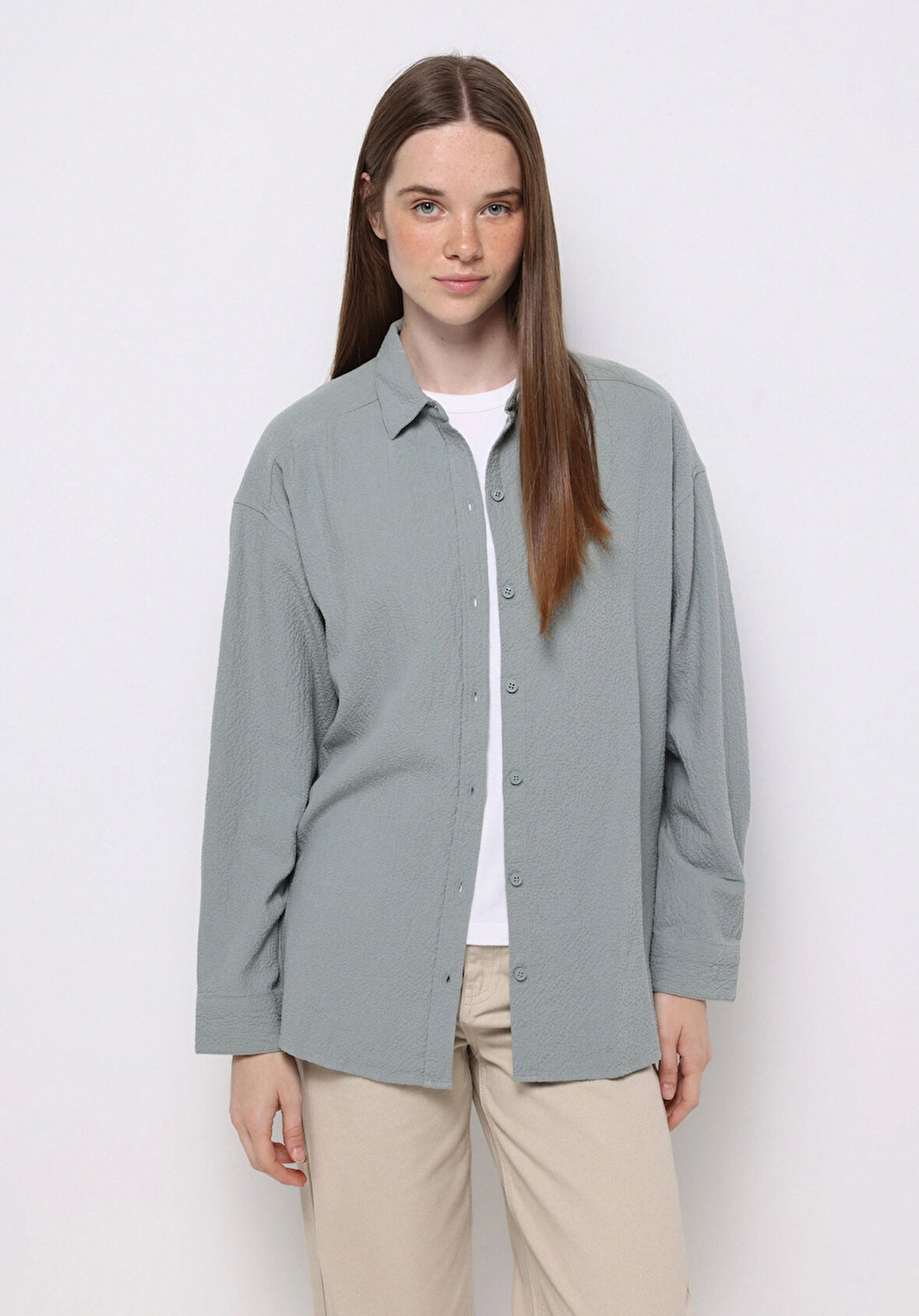 Relax Fit Shirt Neck Düz Kadın Yeşil Uzun Kol Gömlek