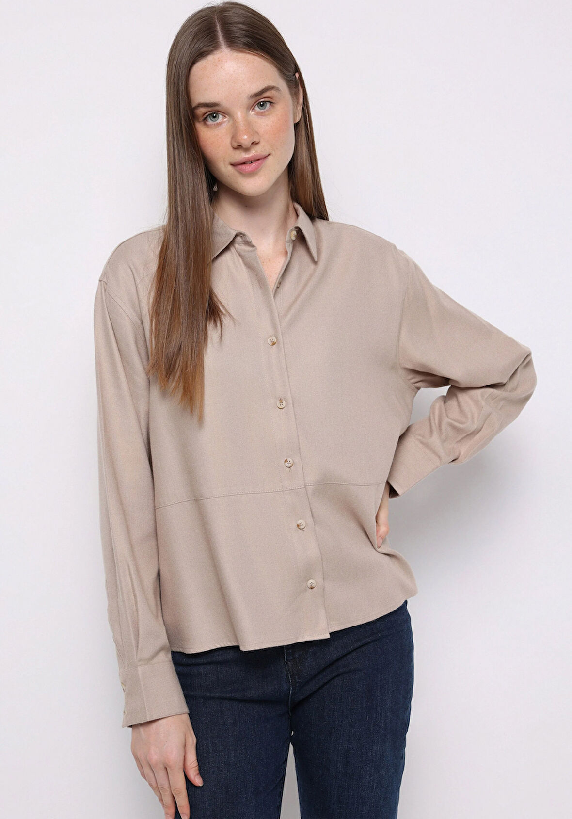 Relax Fit Shirt Neck Düz Kadın Bej Uzun Kol Gömlek