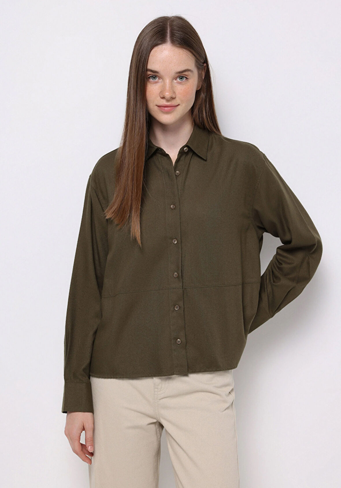 Relax Fit Shirt Neck Düz Kadın Yeşil Uzun Kol Gömlek