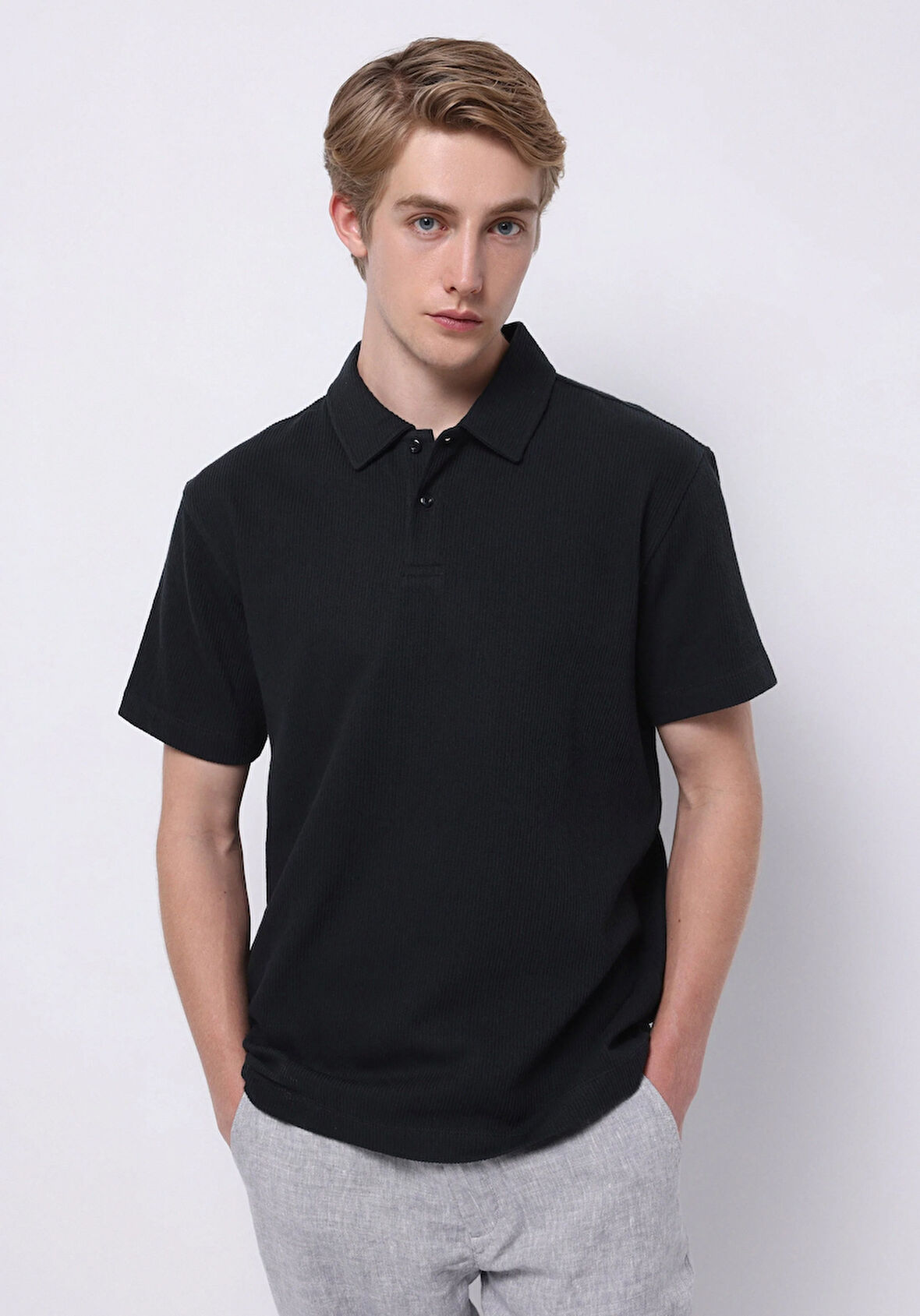 Comfort Fit Polo Yaka Düz Erkek Lacivert Kısa Kol Tişört