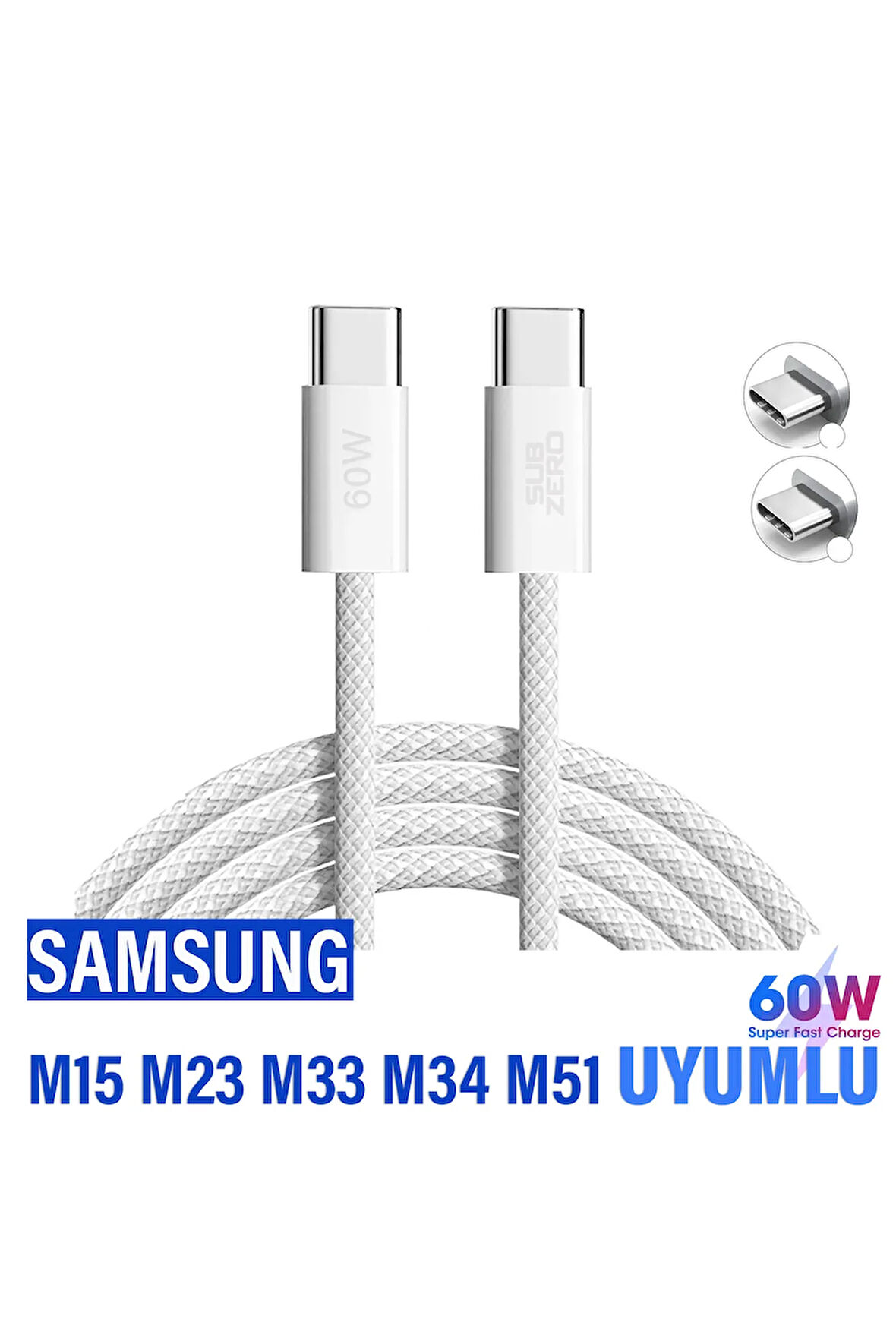 Samsung M15 M23 M33 M34 M51 Hızlı Şarj Kablosu Type-C den Type-C ye Şarj Kablosu