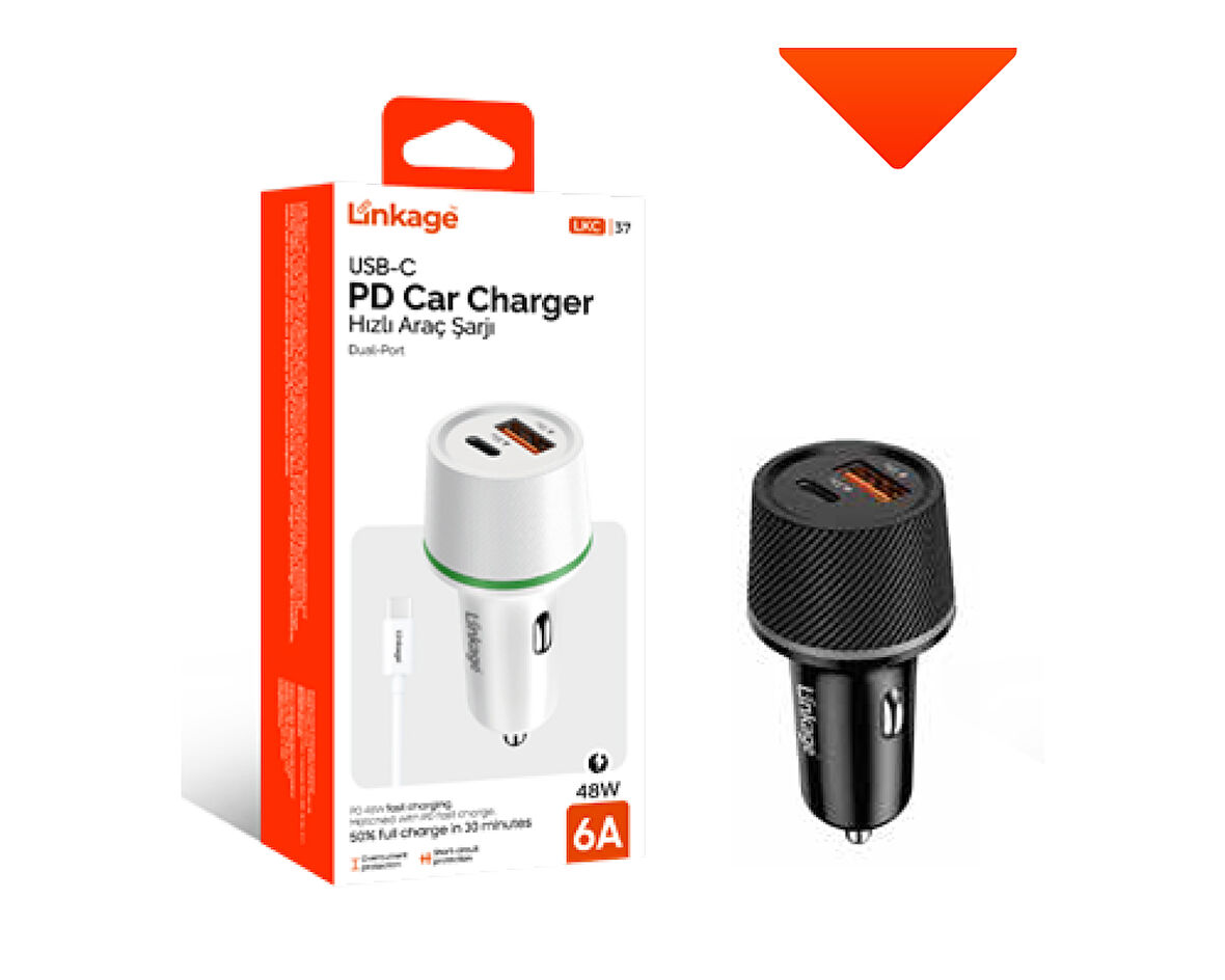 PD Quick Charge 6A/48W 1XUSB-A+USB-C Araç Şarjı PD Type-C Şarj Kablosu LKC-37