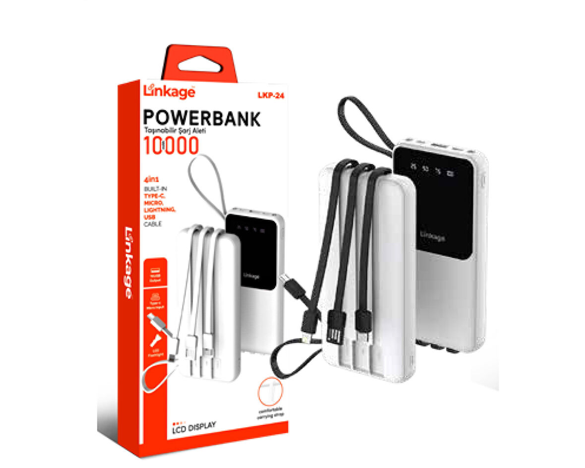 10000 mAh Dahili USB Micro Type-C Lightning Kablo LCD Güç Göstergeli LED Ekran Powerbank LKP-24