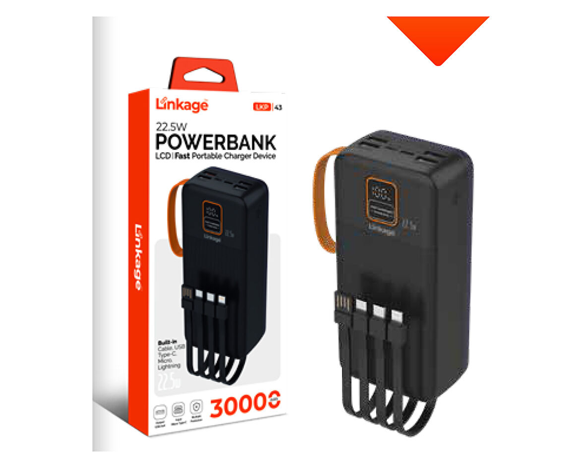 30.000 mAh 4xUSB LCD Ekranlı 22.5W Dahili Mikro, Type-C, Lightning Powerbank LKP-43