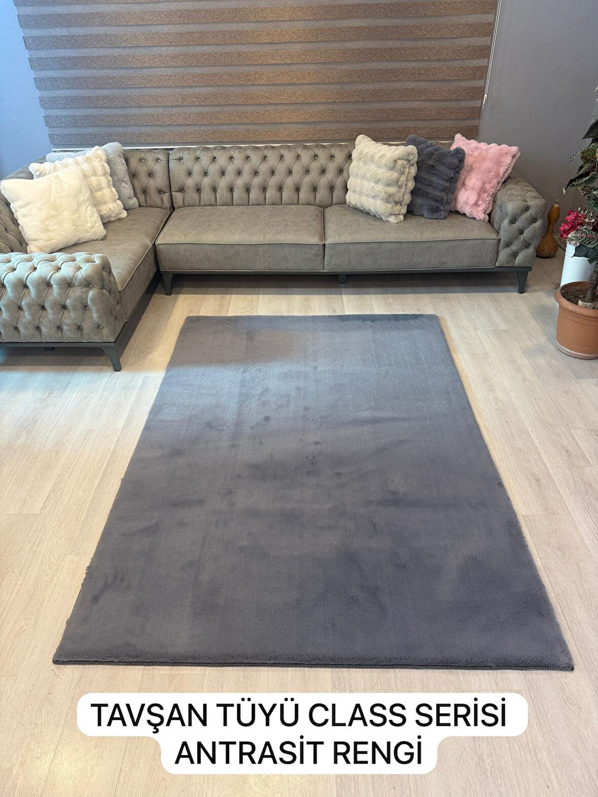 Aries Home Tavşan Tüyü Antrasit Yumuşak Makinada Yıkanabilir Kaymaz Kalın Dekoratif Post Halı