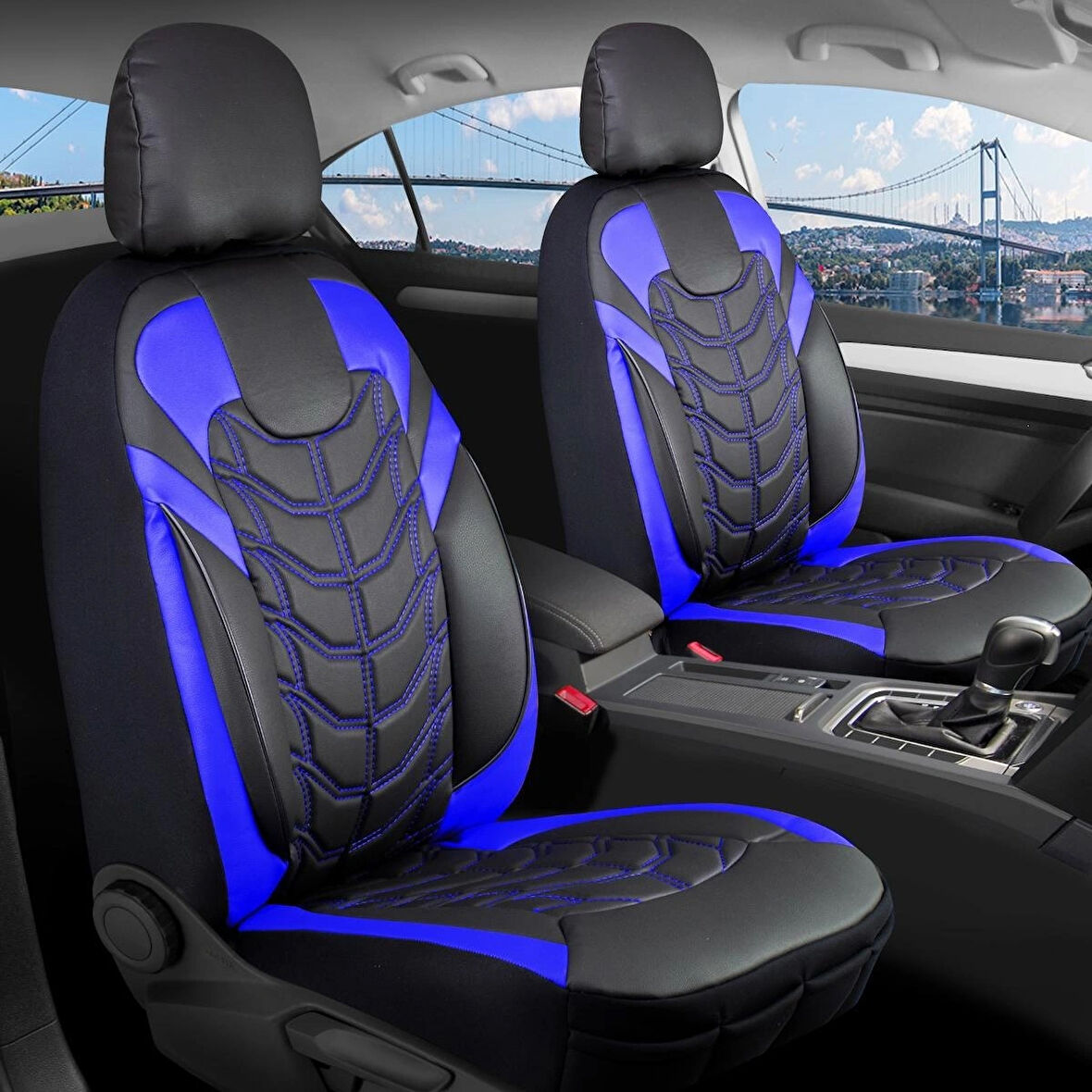 Kia Nino Uyumlu Full Deri Oto Koltuk Kılıfı Ön Arka Set Classy Model Mavi Siyah SC
