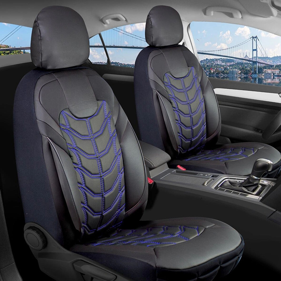 Nissan Navara Uyumlu Full Deri Oto Koltuk Kılıfı Ön Arka Set Classy Model Siyah Mavi SC