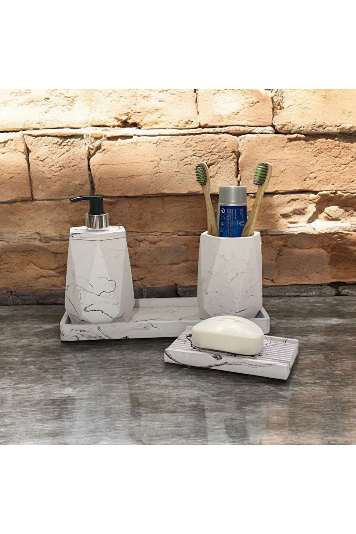 Estetik Mermer Desenli Beton Banyo Aksesuar Seti (4 Parça)