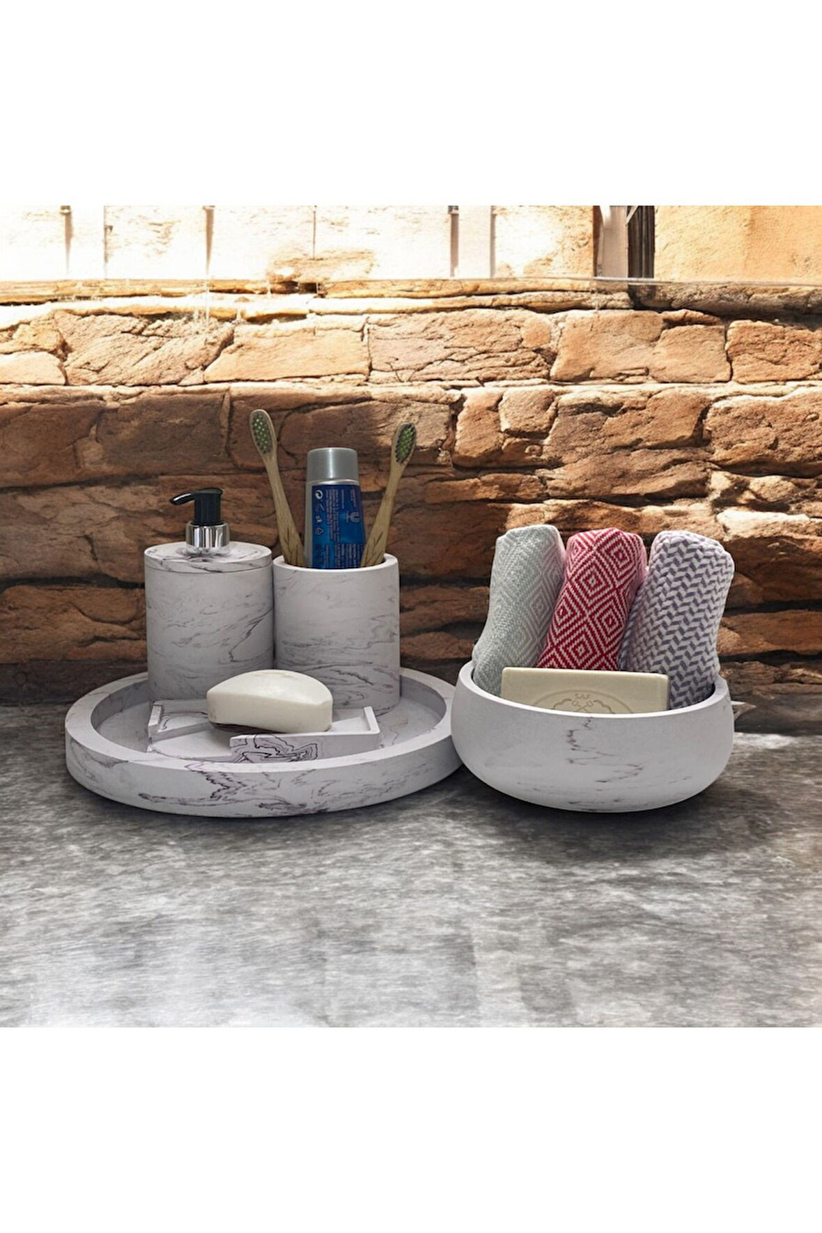 Mermer Desenli Klasik Beton Banyo Aksesuar Seti (5 Parça)