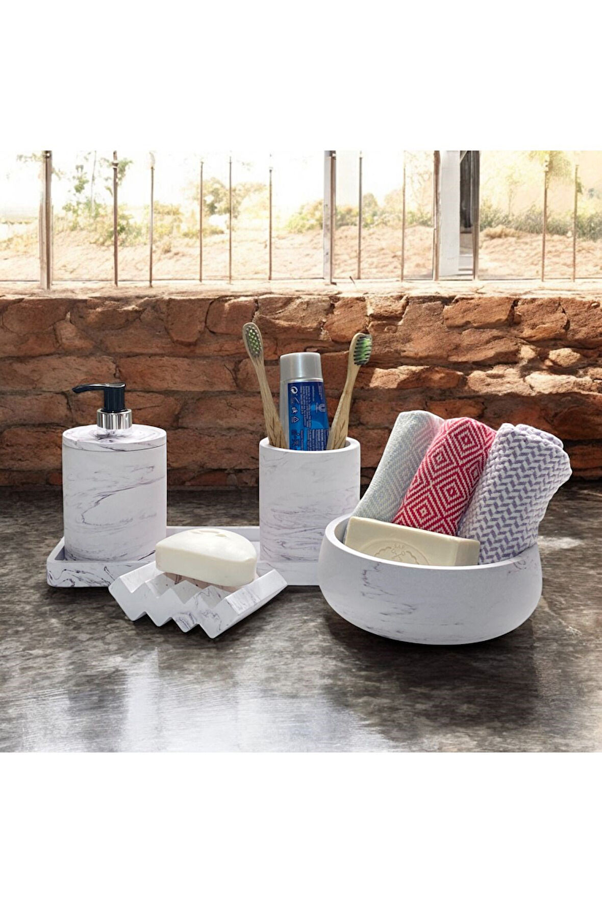 Mermer Desenli Şık Ve Trendy Beton Banyo Aksesuar Seti 5 Parça