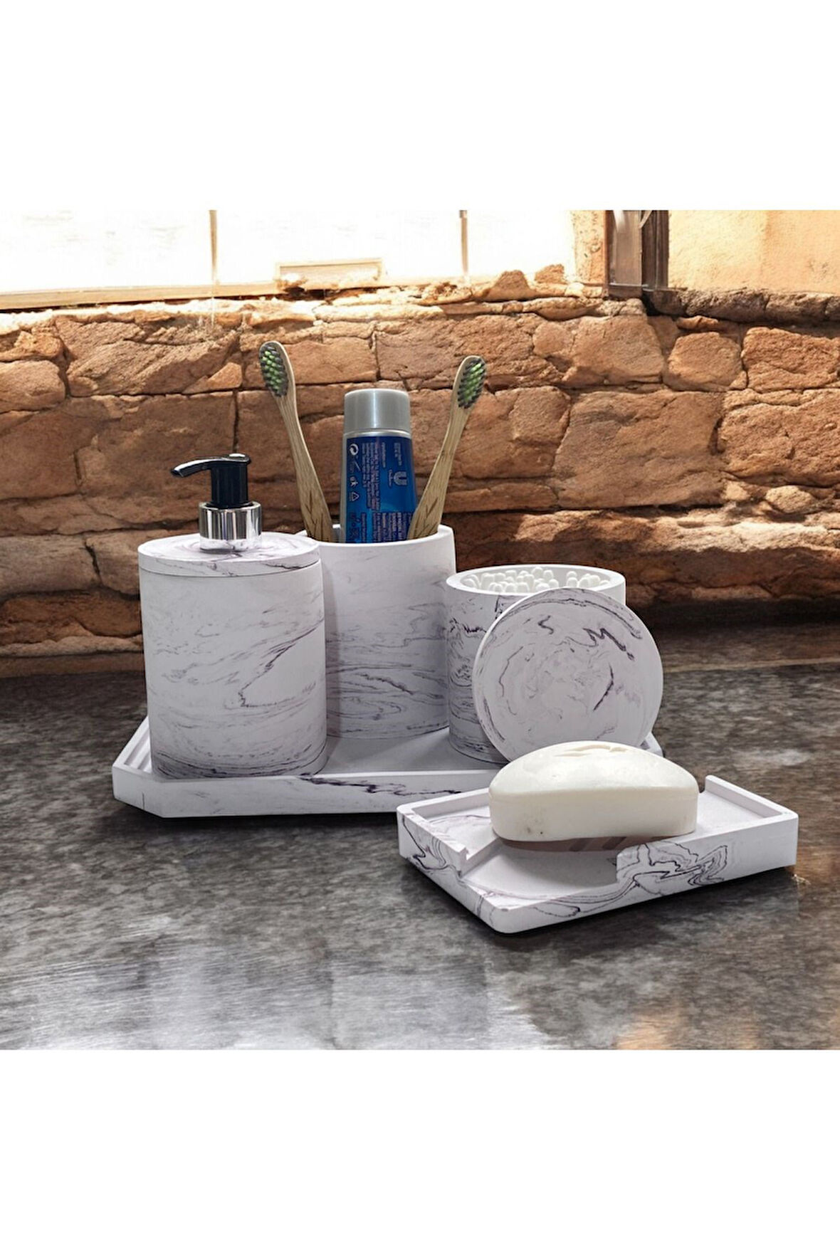 Elegan Mermer Desenli Beton Banyo Aksesuar Seti (5 Parça)