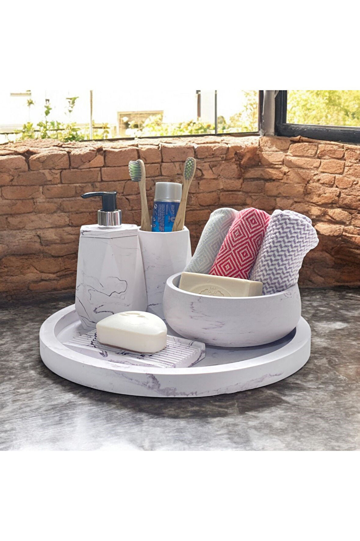Mermer Desenli Retro Beton Banyo Aksesuar Seti (5 Parça)
