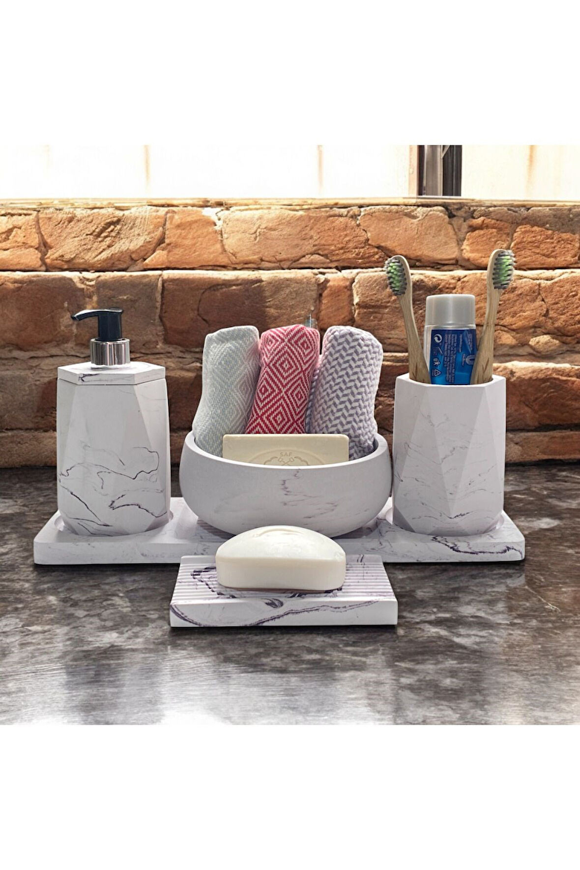 Mermer Desenli Estetik Beton Banyo Aksesuar Seti (5 Parça)