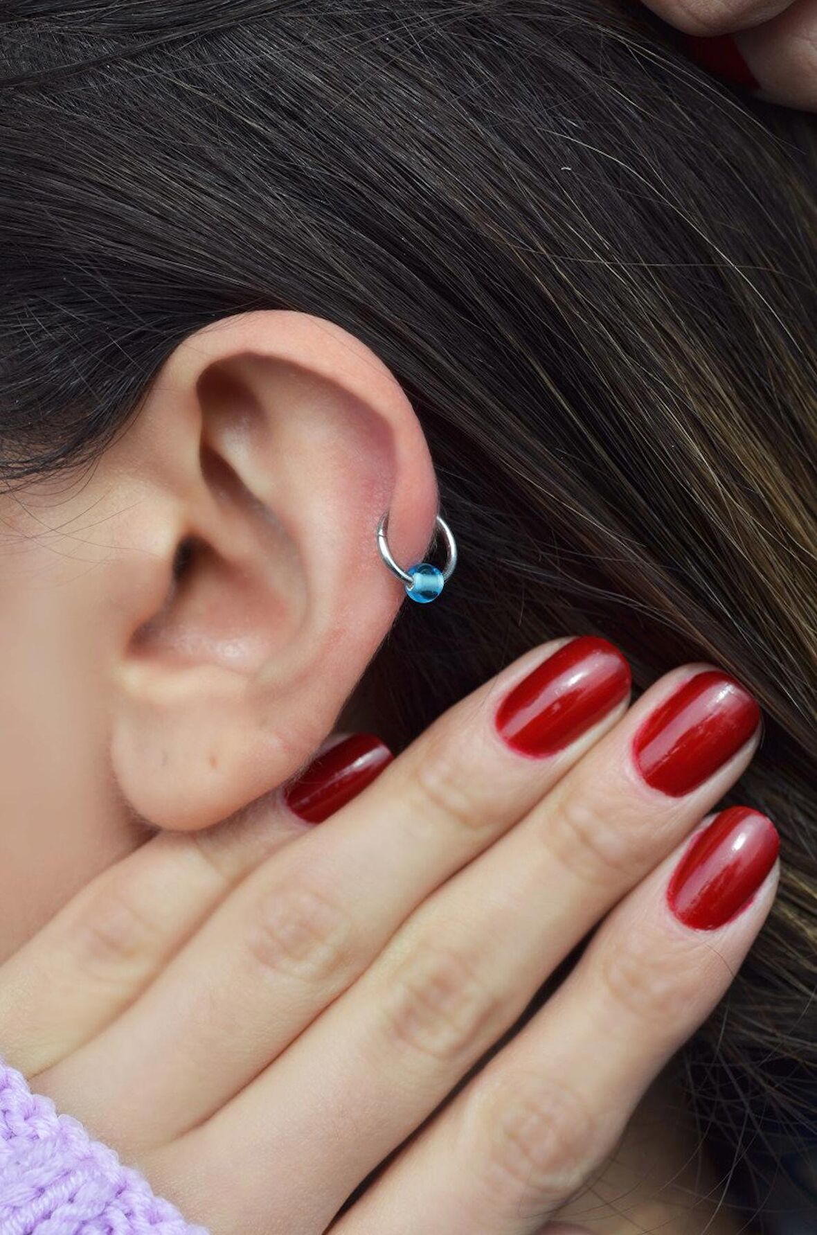 Mavi Boncuklu Çelik Düz Halka Helix Piercing Lob Kıkırdak Küpesi