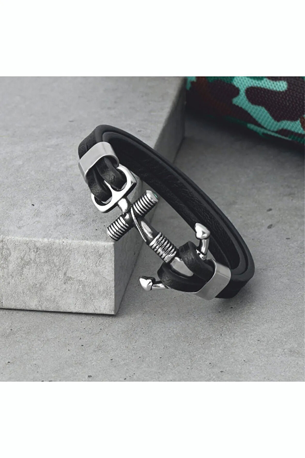 Unisex Çelik Ve Deri Bilekli Halat Çapa Figürlü