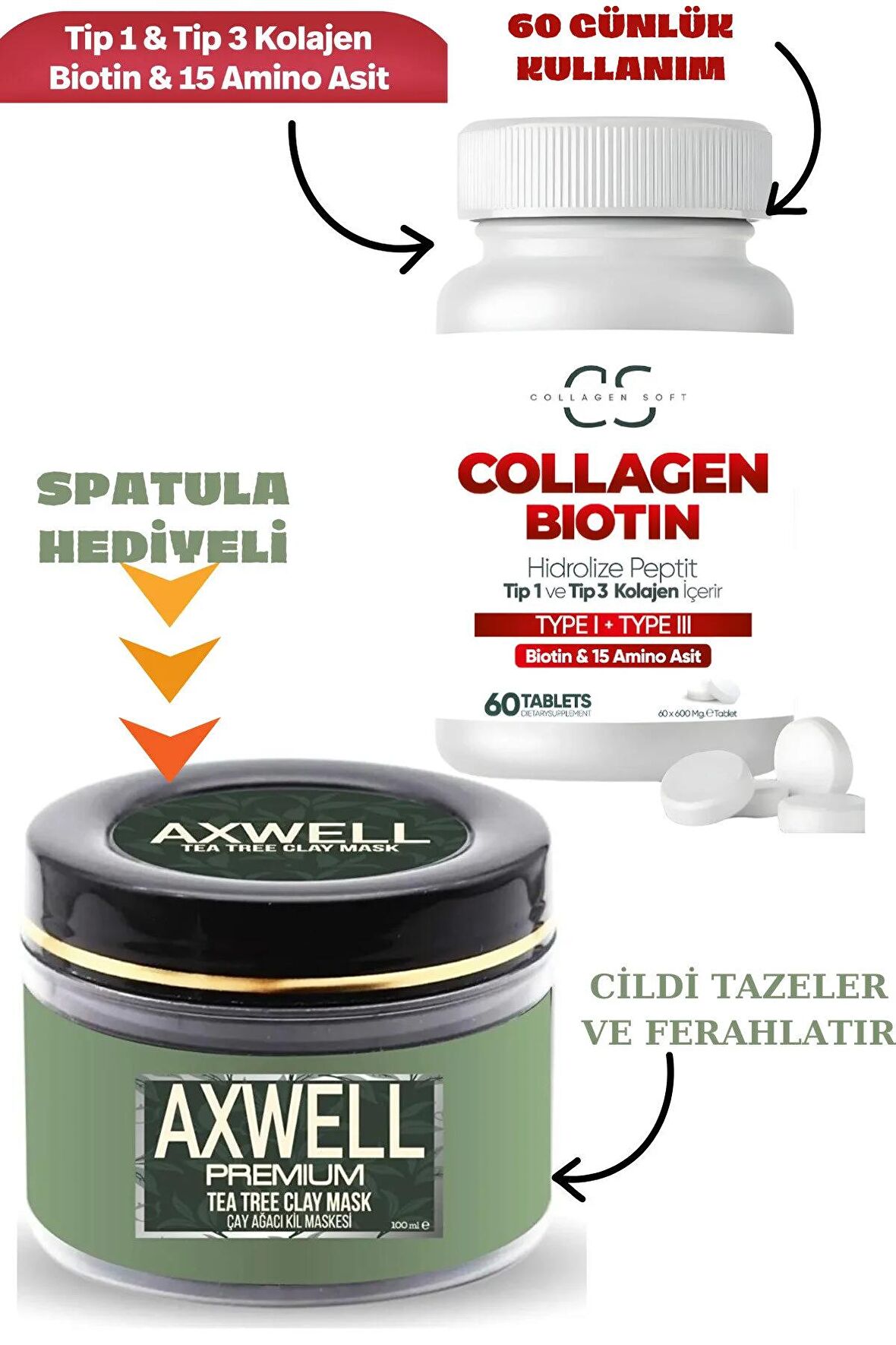 Hidrolize Tip 1 Tip 3 Kolajen Peptitler Biotin Ve 15 Amino Asit Ve Çay Ağacı Kil Maske Set