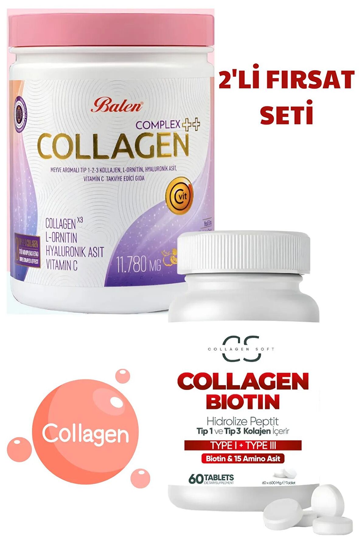 COLLAGEN COMPLEX TİP 1,2,3 KOLAJEN , L-ORNİTİN, HYALURONİK ASİT, VİTAMİN C ve BİOTİN FIRSAT SET