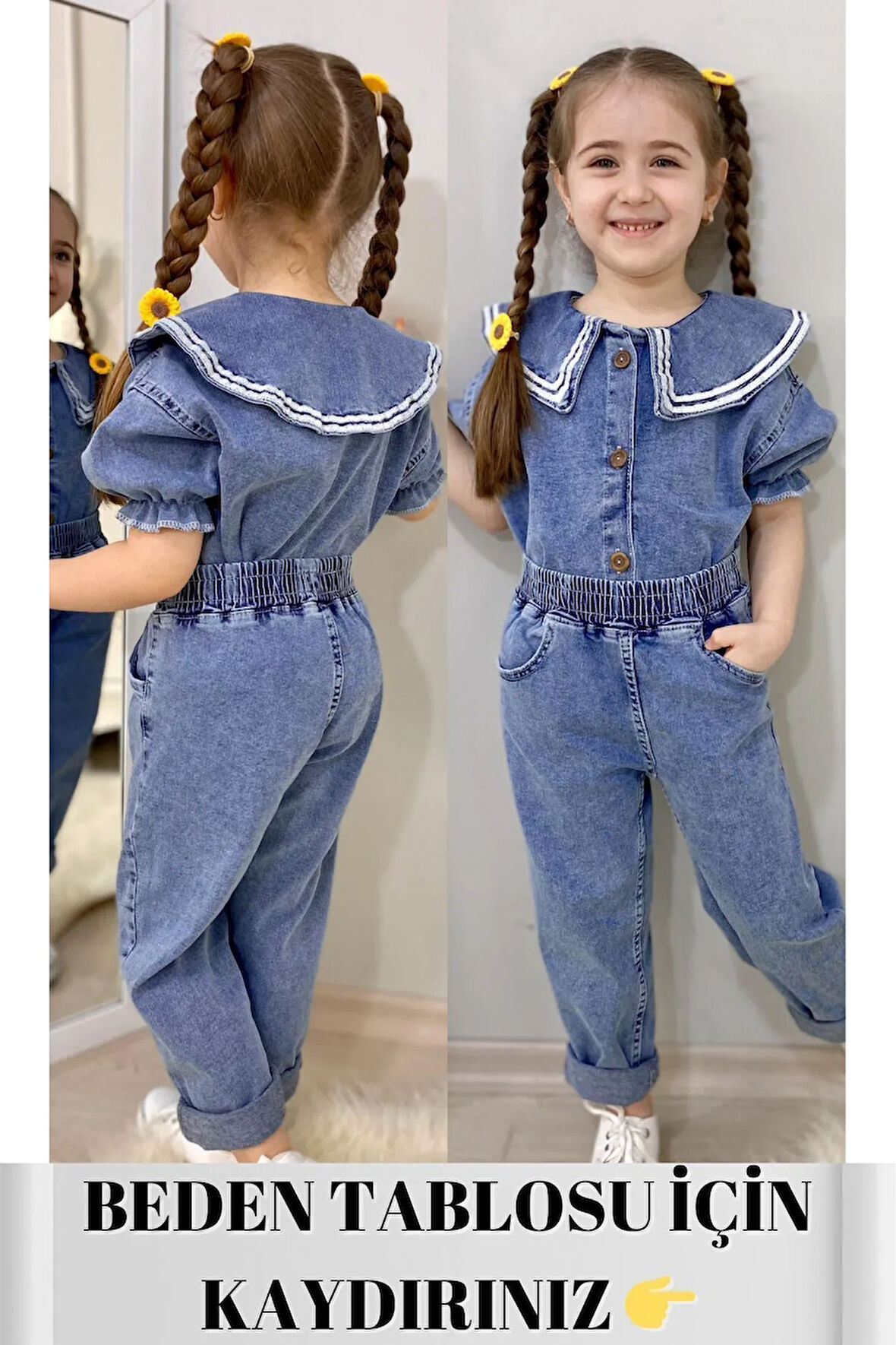 İşlemeli Bebe Yaka Kot Gömlek- Mom Jeans Pantolon- Alt Üst Takım Kız Çocuk (GENİŞ KALIPTIR)