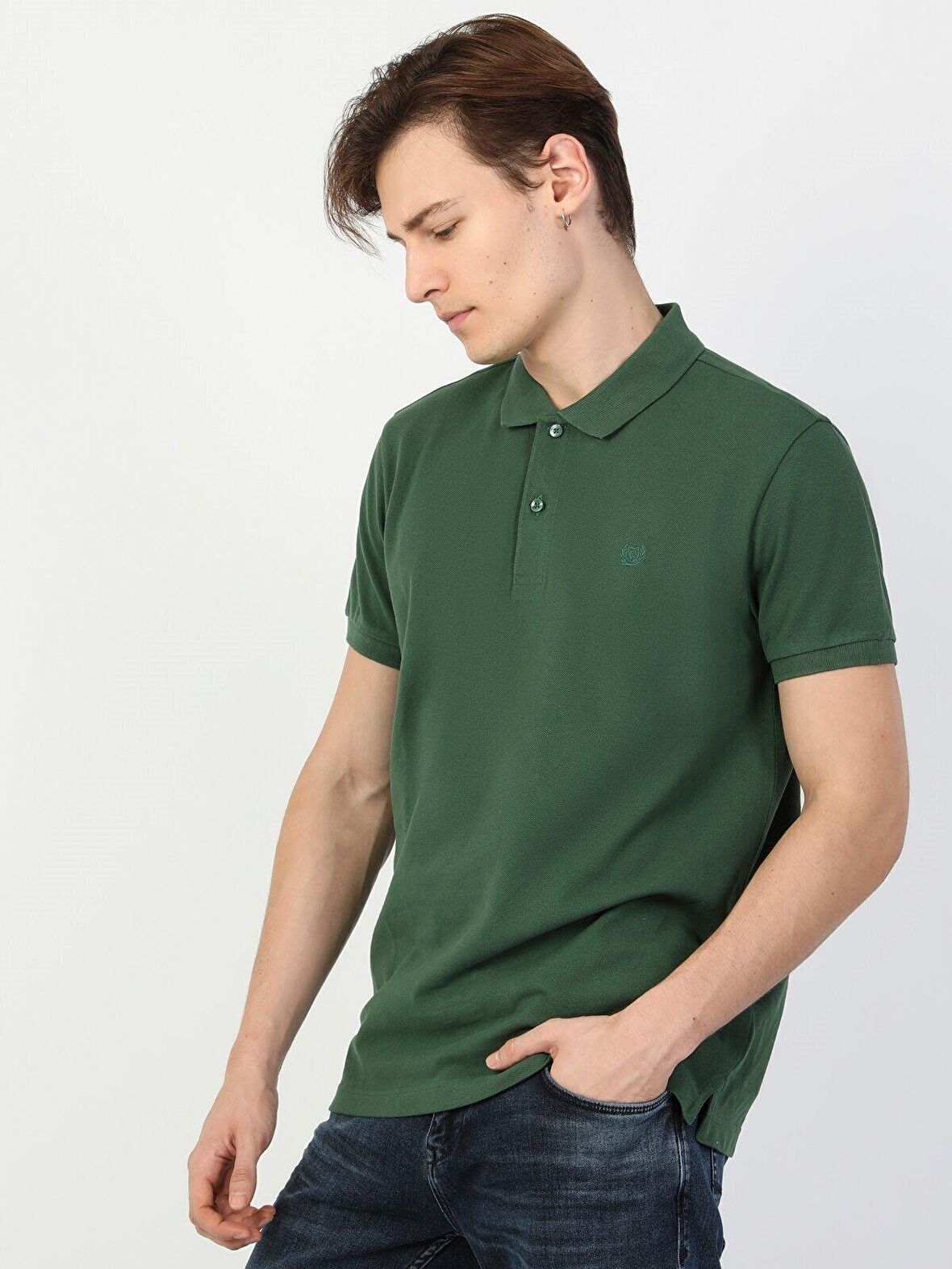 Regular Fit Polo Yaka Erkek Koyu Yeşil Polo Kısa Kol