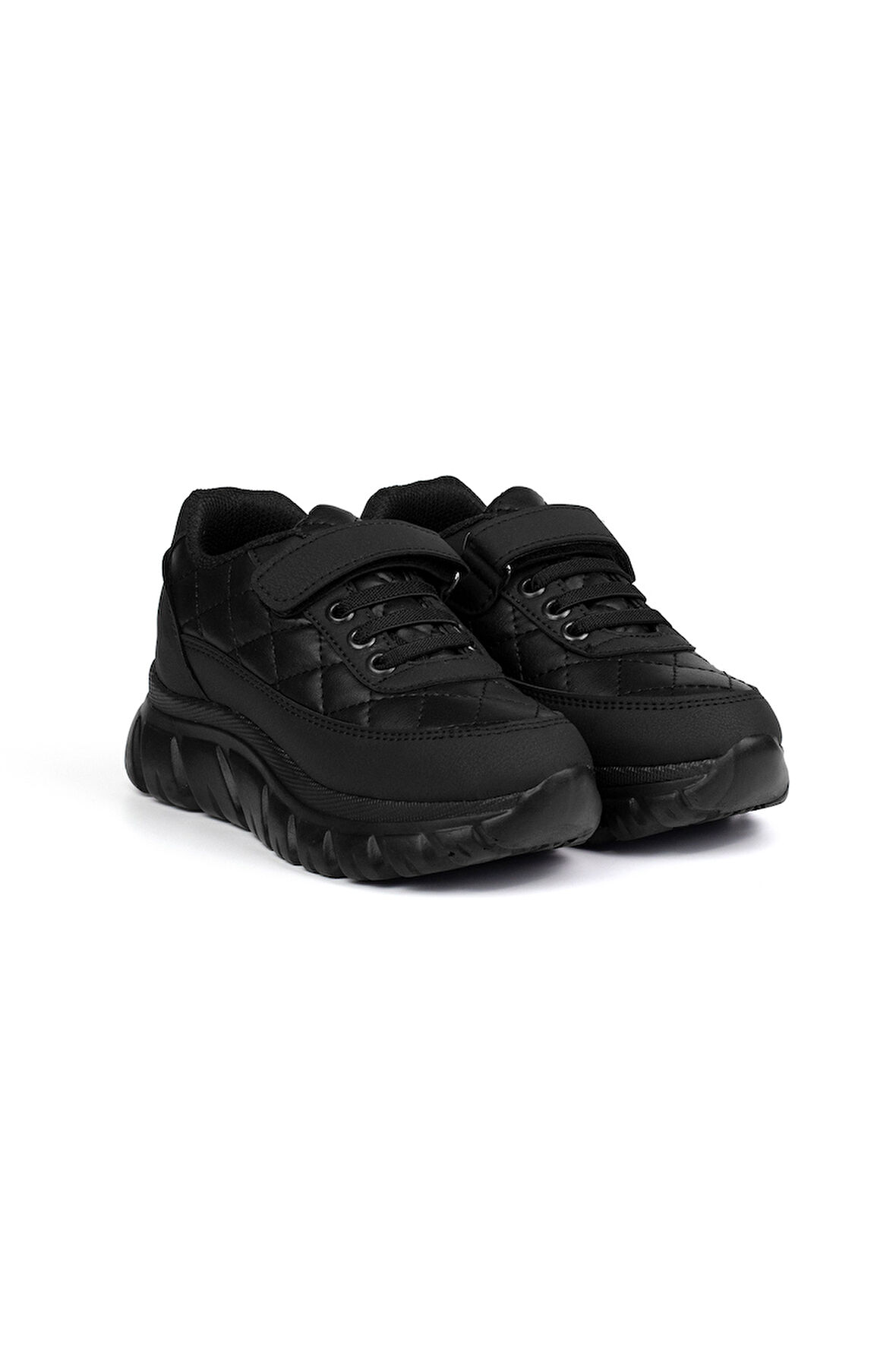 Unisex Çocuk Siyah Bağcıklı Cırtlı Sneaker Rahat Spor Ayakkabı