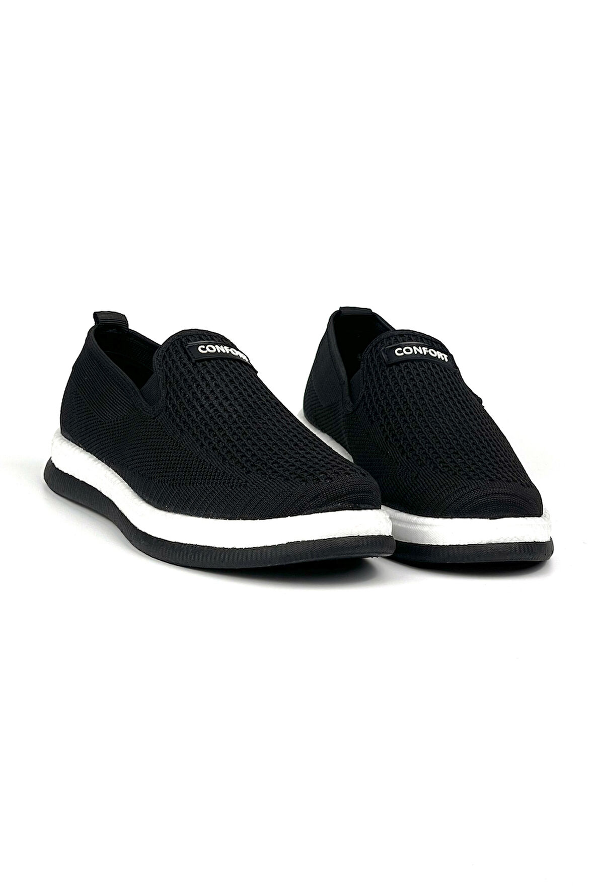 Erkek Siyah Beyaz Çok Hafif Triko Bağcıksız Esnek Hafif Günlük Casual Sneaker Spor Ayakkabı