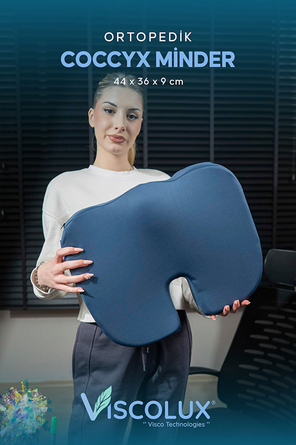 Coccyx Ortopedik Oturma Minderi - Visco Kuyruk Sokumu Minderi Hemeroid Mavi 44x36x9,5