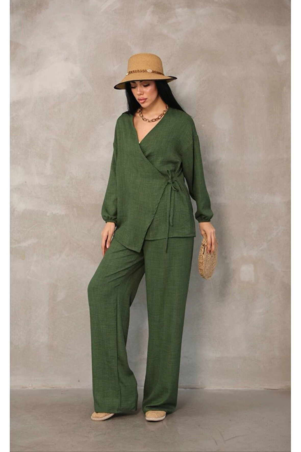 Kadın Yeşil Kruvaze Bağlamalı Sofya Keten Takım (2’li Set)