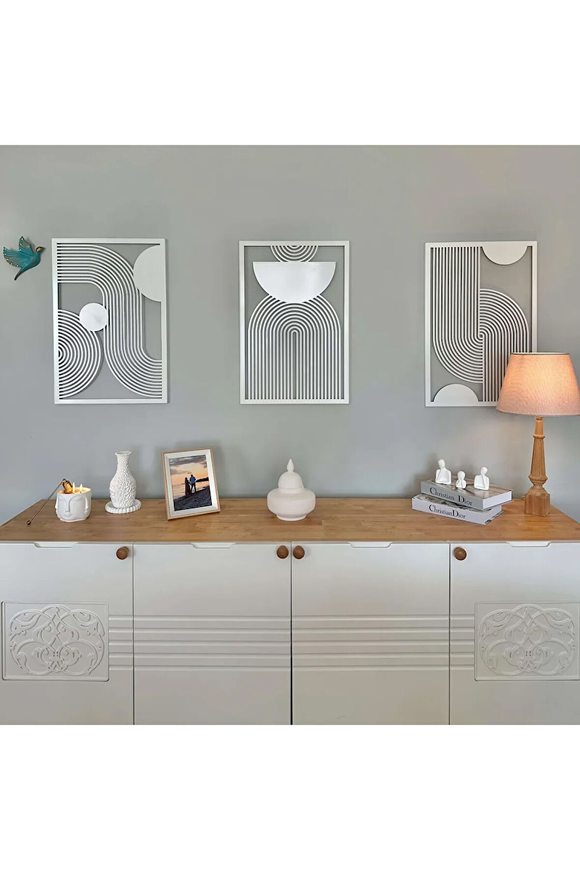 Orta Yüzyıl Dikey 3'lü Set Metal Duvar Dekoru - BEYAZ