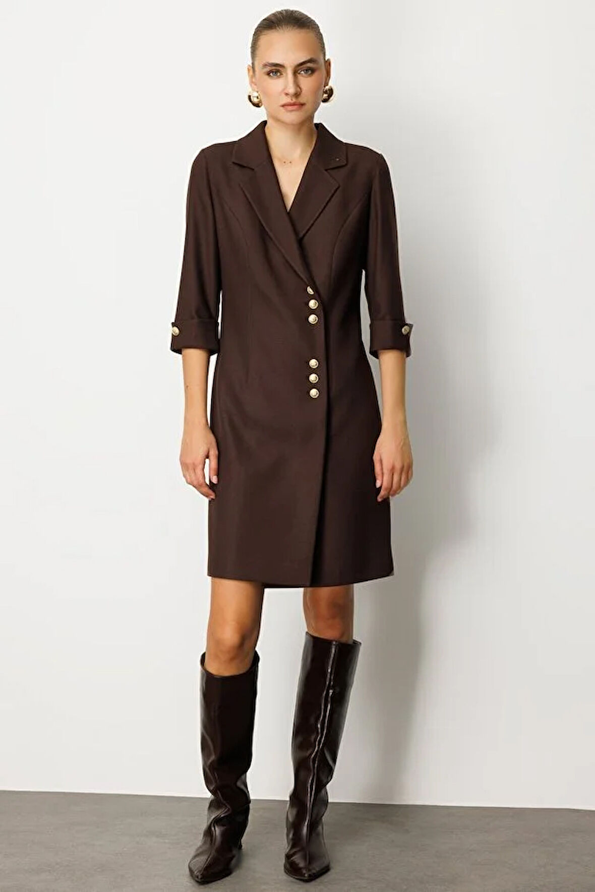 EKOL Kruvaze Yaka Düğmeli Elbise 4009