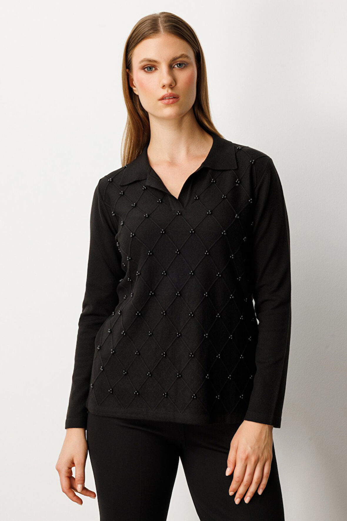 ON TRİKO İnci Detaylı Polo Yaka Triko Kazak 63381-26k