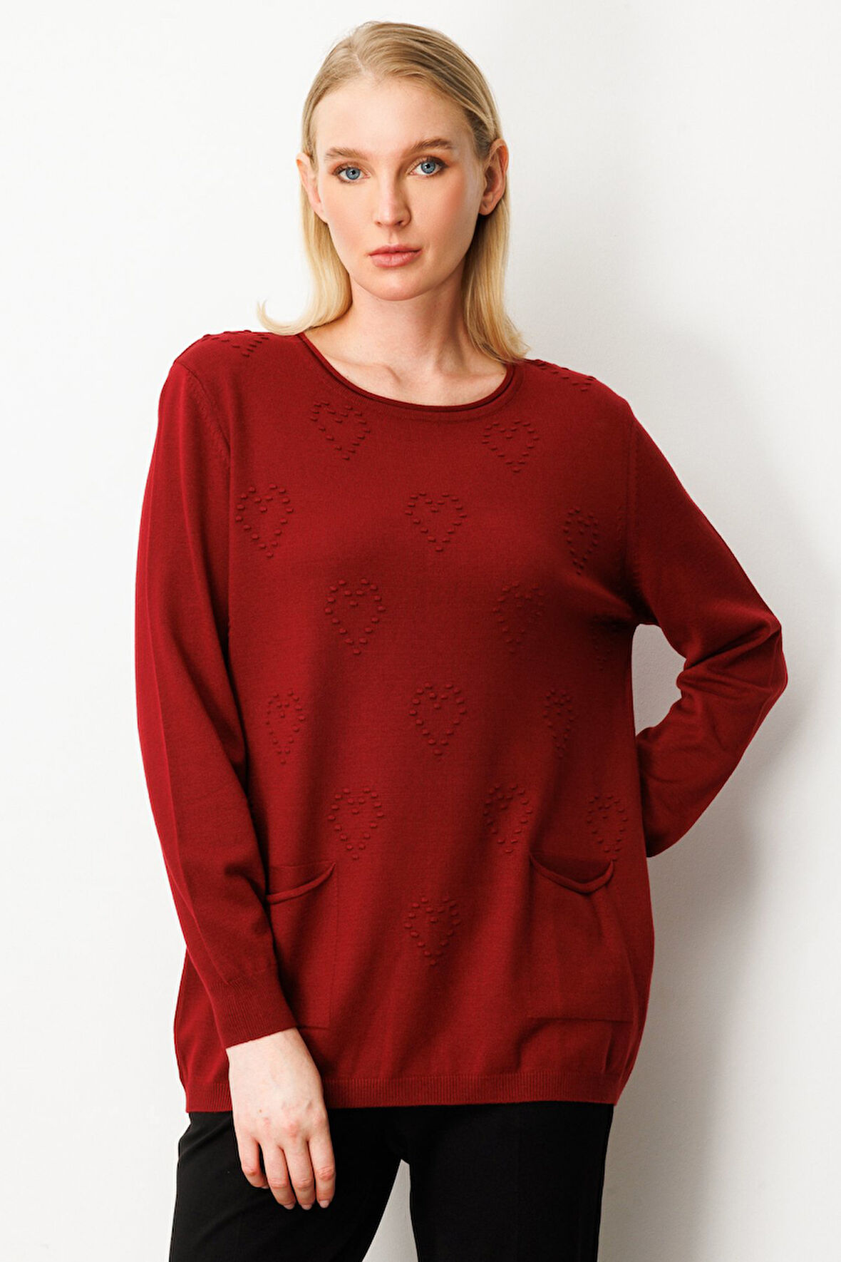 ON TRİKO Kabartma Desenli Cepli Triko Kazak 65344-26k