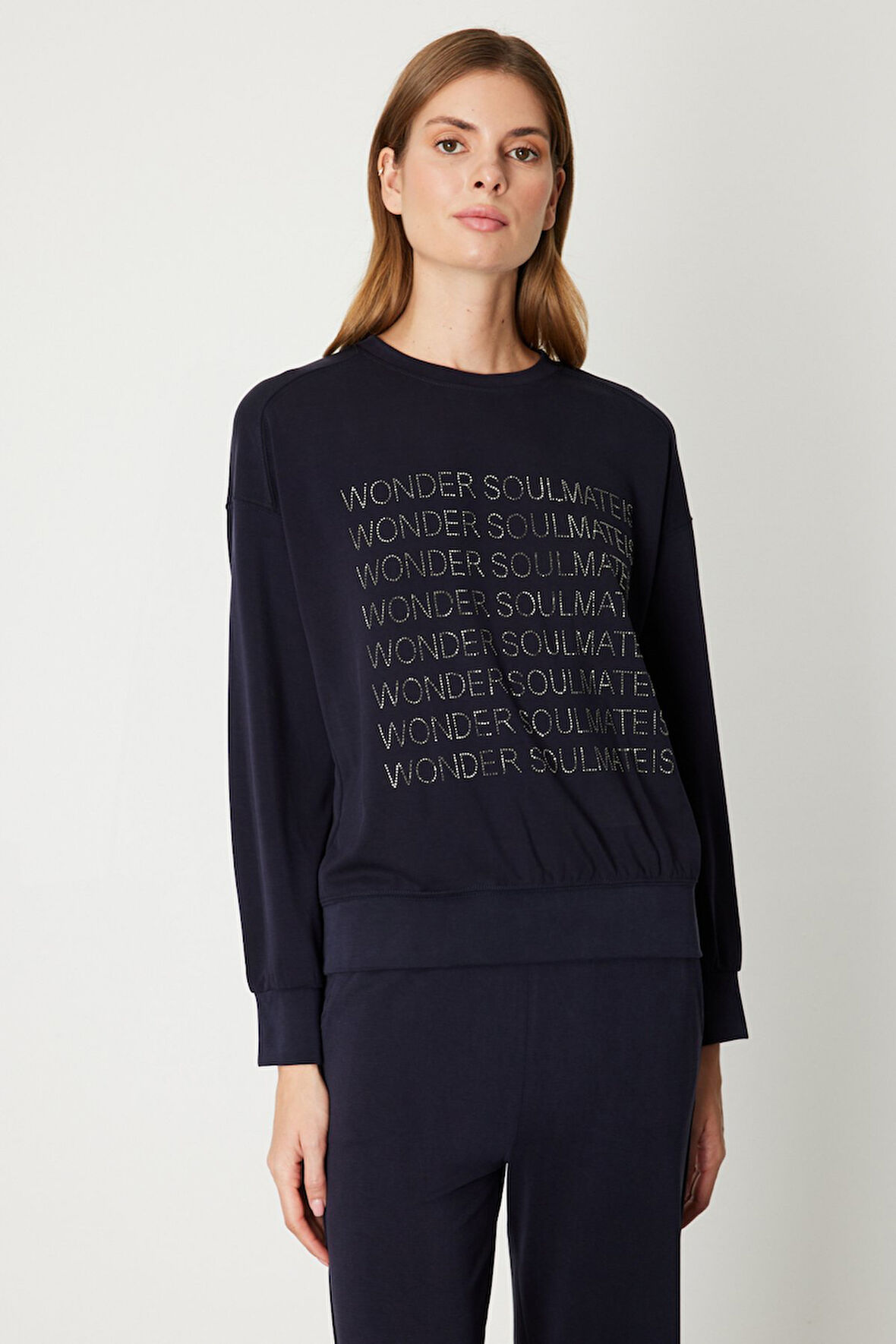 ON TRİKO Taşlı Yazılı Sıfır Yaka Eşofman Üstü 66348-26k