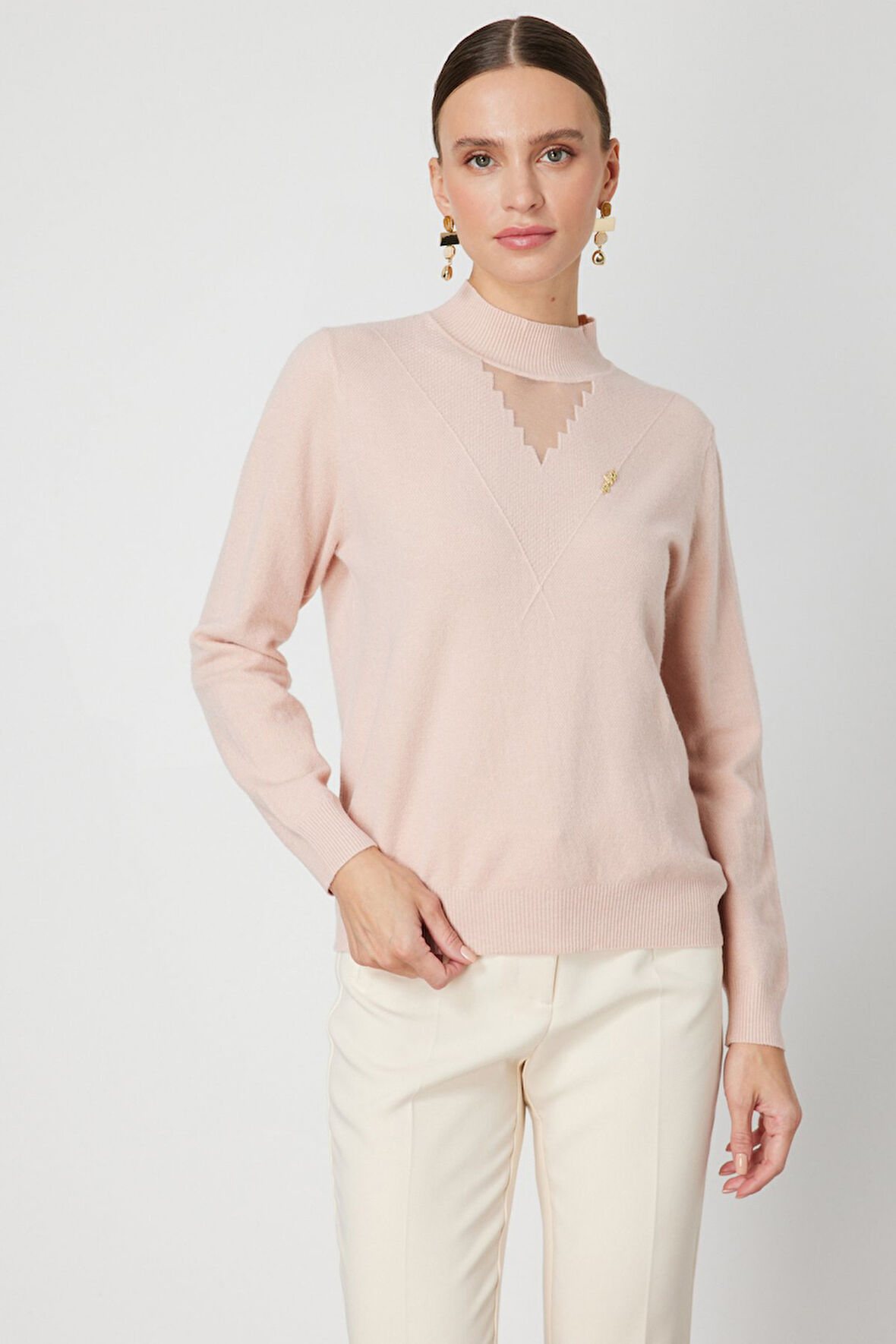 ON TRİKO Yakası Tül Detaylı Pamuklu Triko Kazak 60342-26k