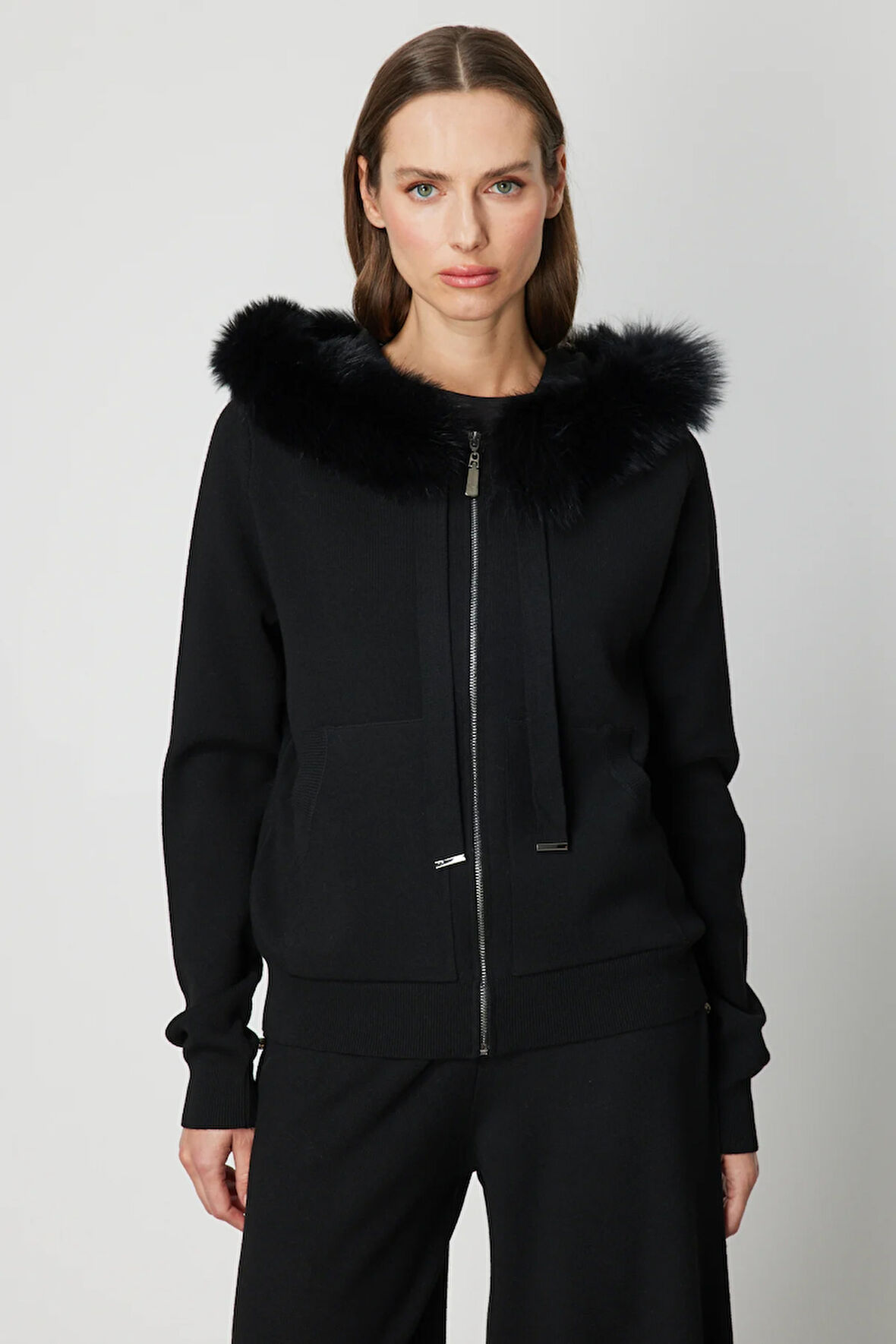 ON TRİKO Yakası Kürklü Fermuarlı Triko Hırka 63918