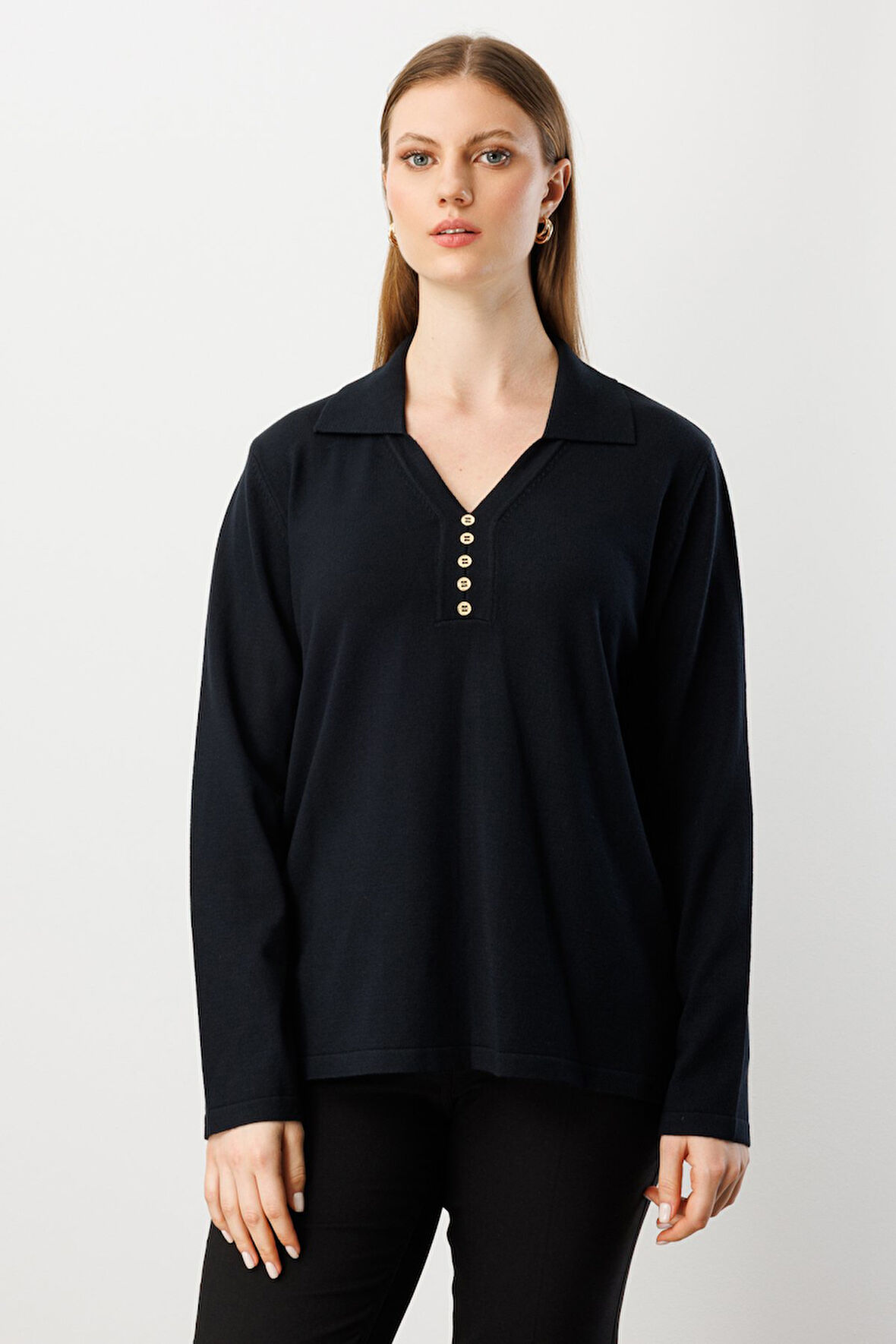 ON TRİKO Polo Yaka Süs Düğmeli Triko Kazak 65333-26k