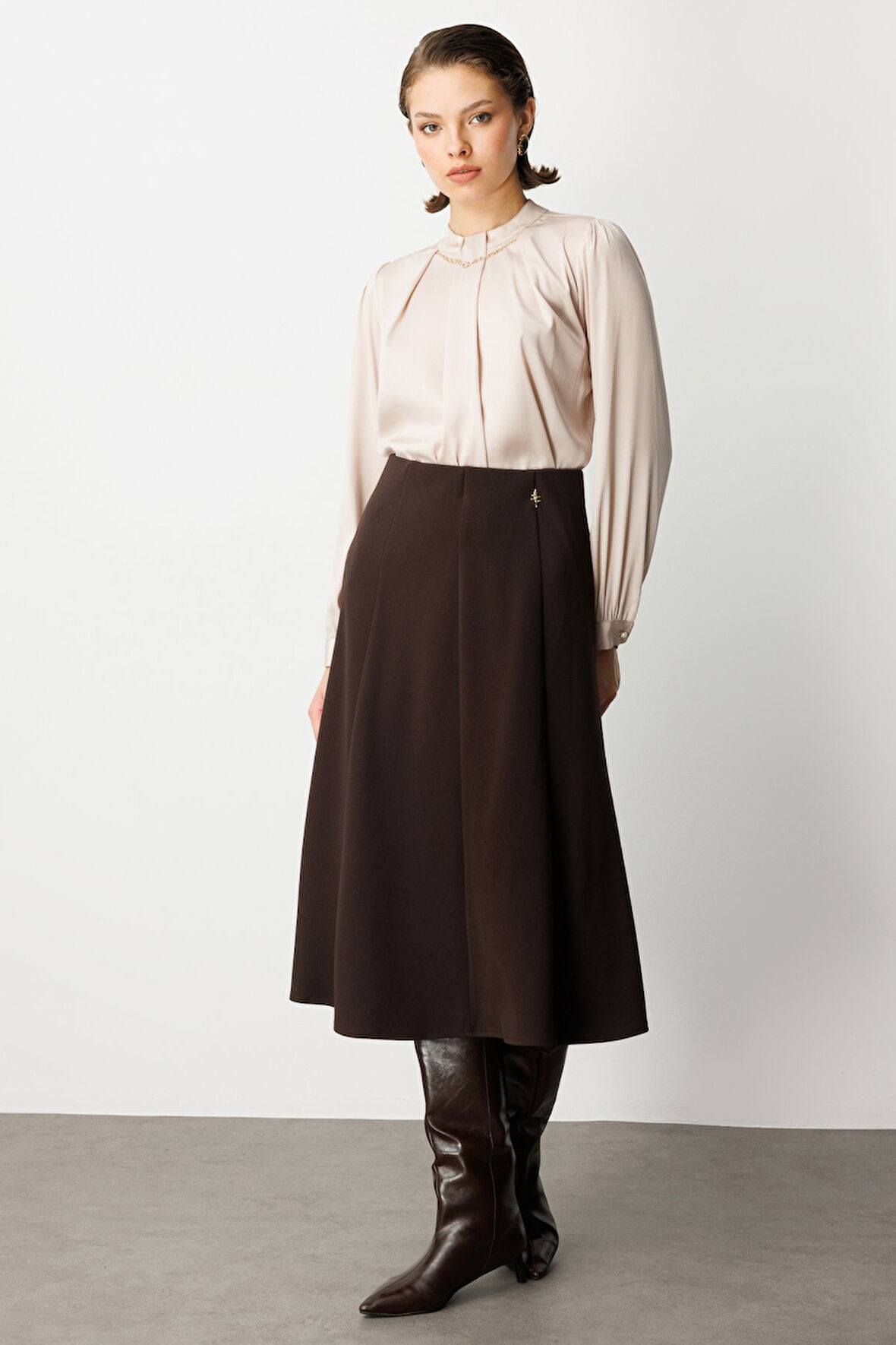 EKOL Broş Detaylı Volanlı Midi Etek 2039-26k