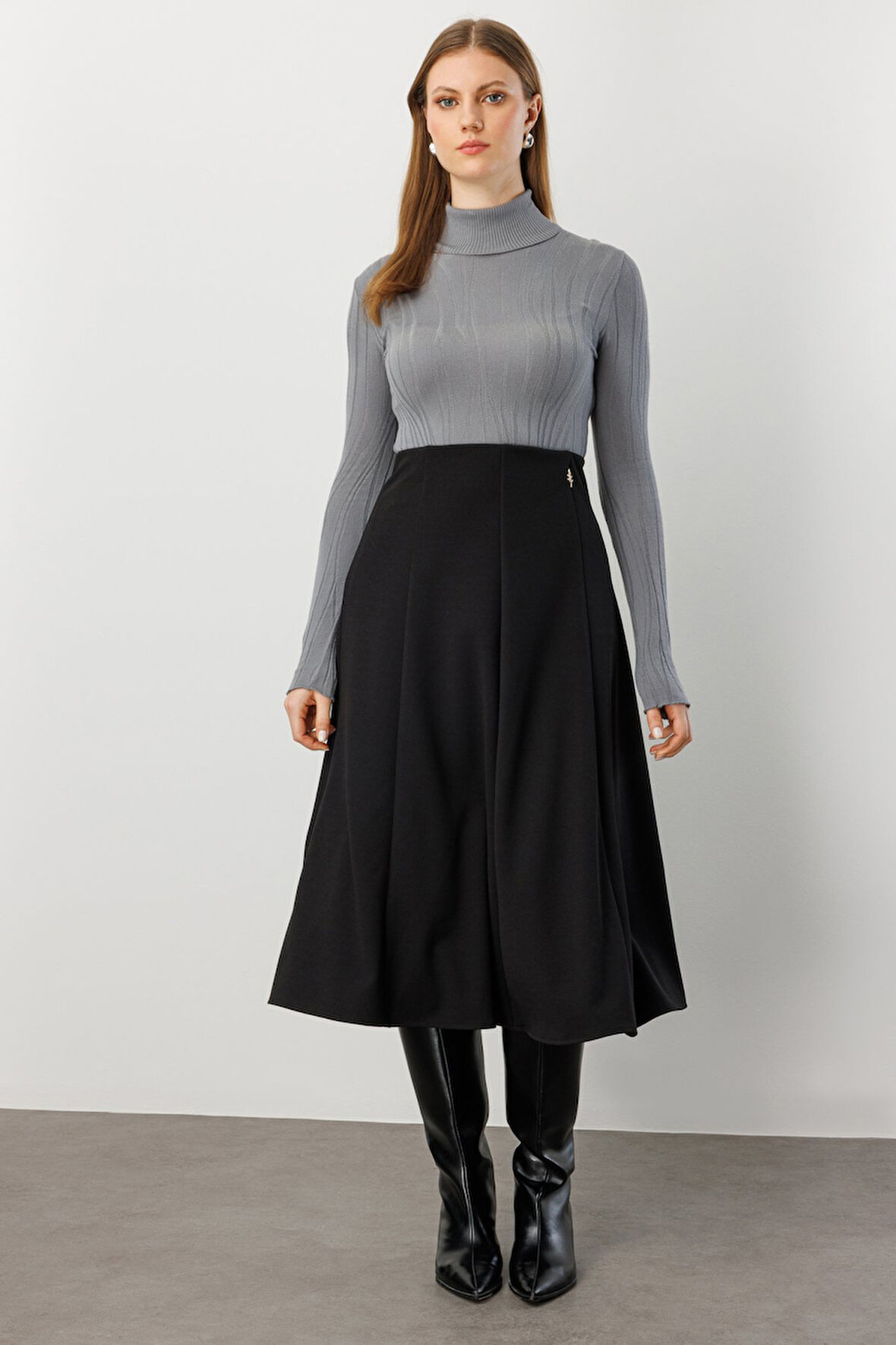 EKOL Midi Boy Pileli Broşlu Etek 2059-26k