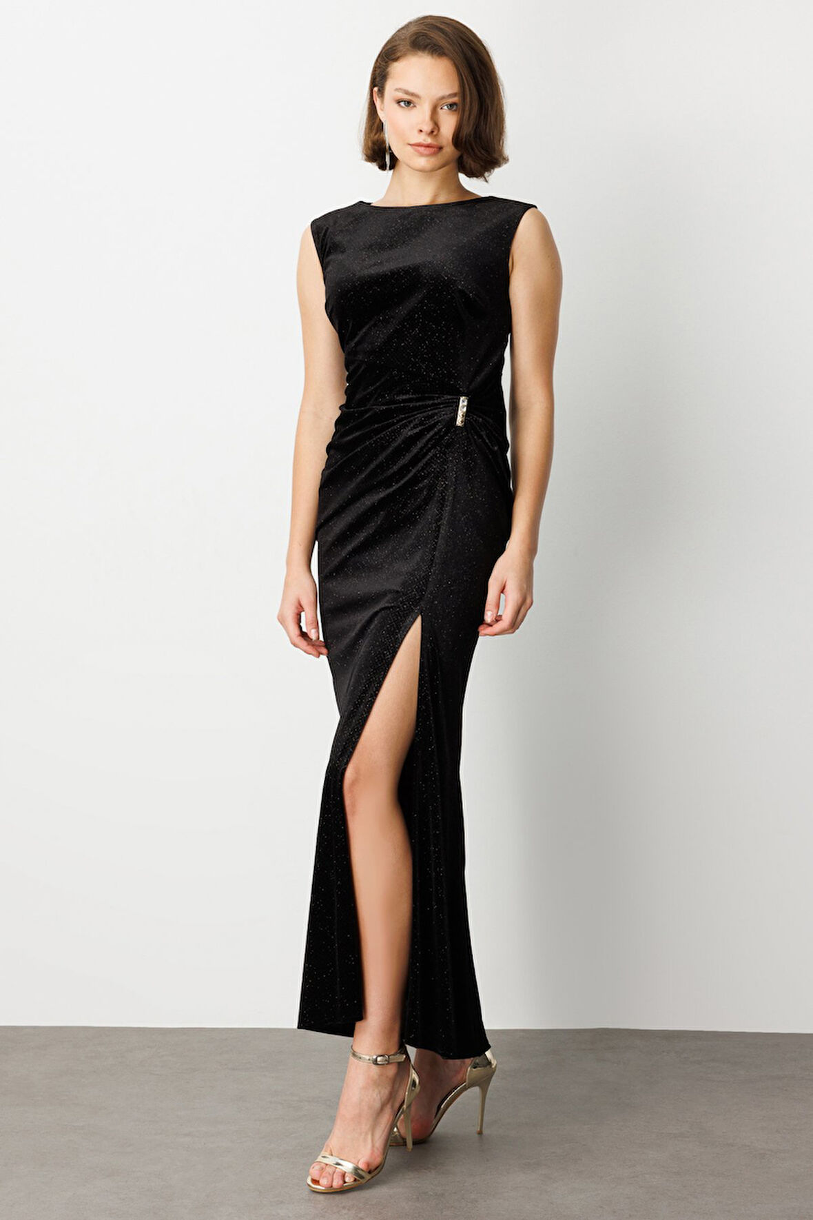 EKOL Beli Büzgülü Simli Kolsuz Elbise 4043-26K