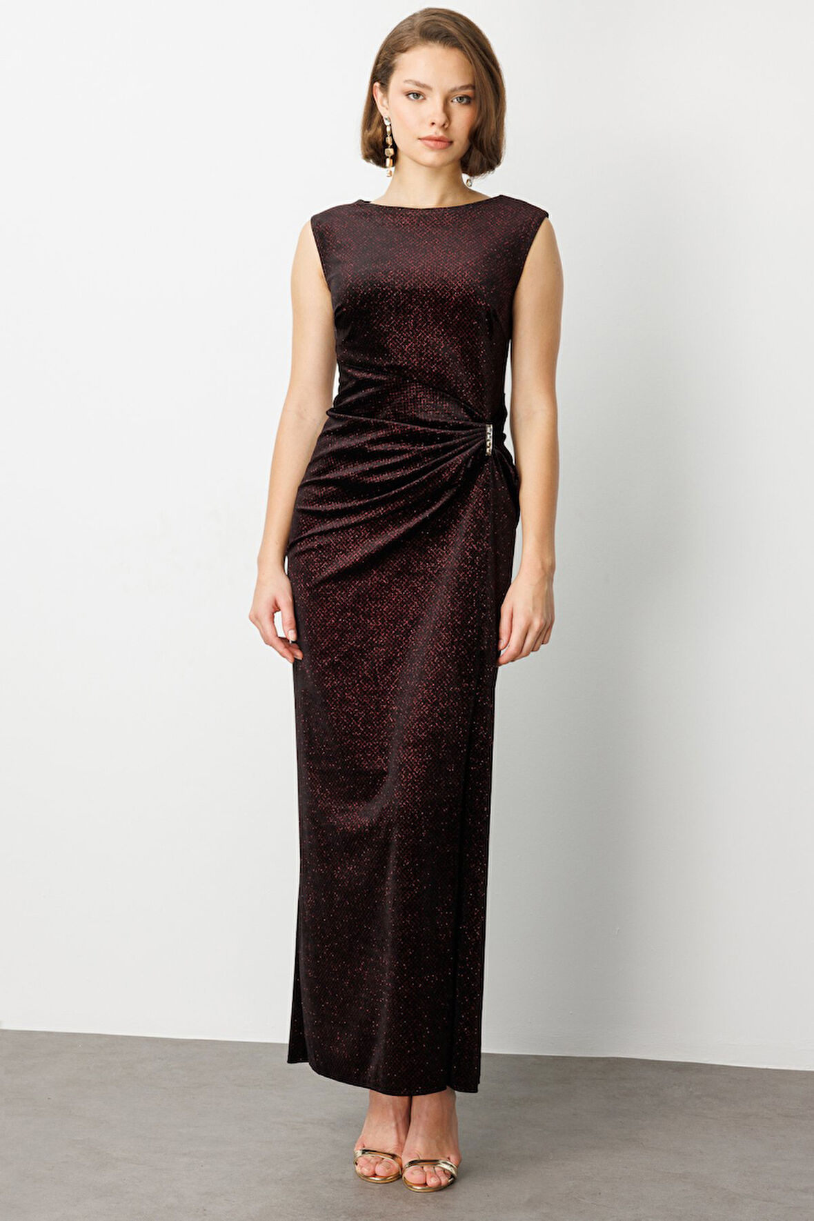 EKOL Beli Büzgülü Simli Kolsuz Elbise 4043-26K