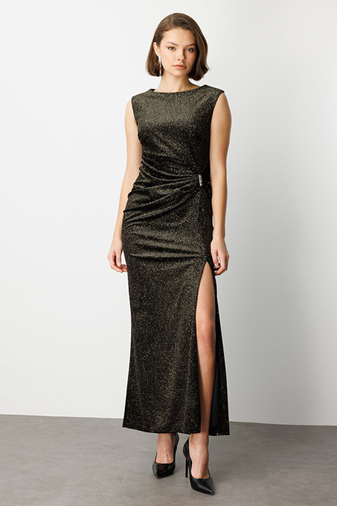 EKOL Beli Büzgülü Simli Kolsuz Elbise 4043-26K