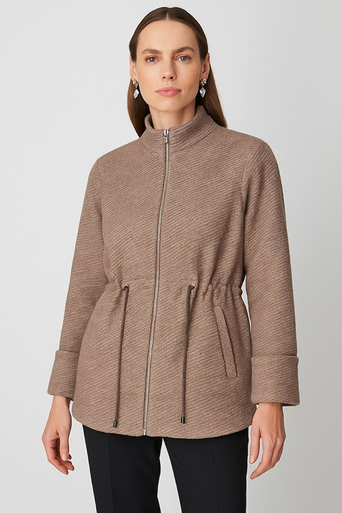 ON TRİKO Beli Bağcıklı Dik Yaka Mont 66721