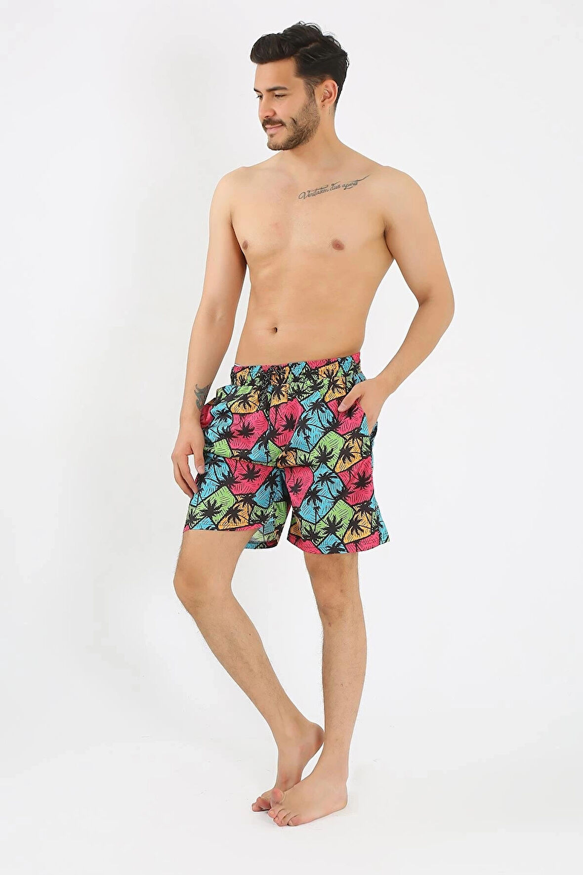 Giyim Erkek Desenli Fermuar Cepli Deniz Şortu Siyah