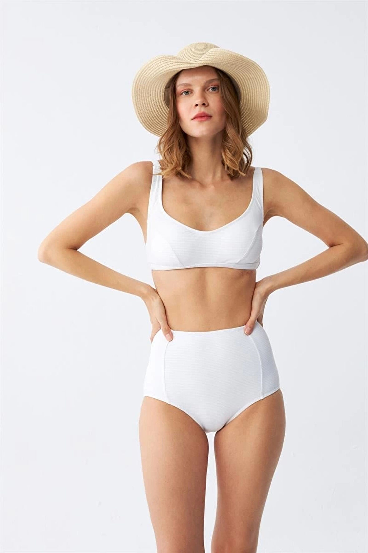 Giyim Kadın Basic Beyaz Pedli Yüksek Bel Bikini Takımı