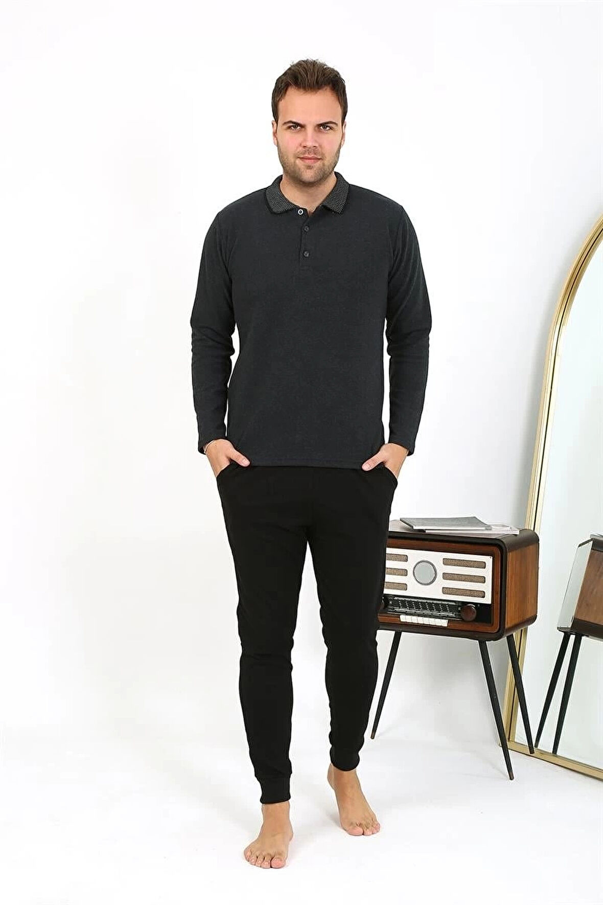 Giyim Erkek Polo Yaka Uzun Kol Penye Pijama Takımı Antrasit