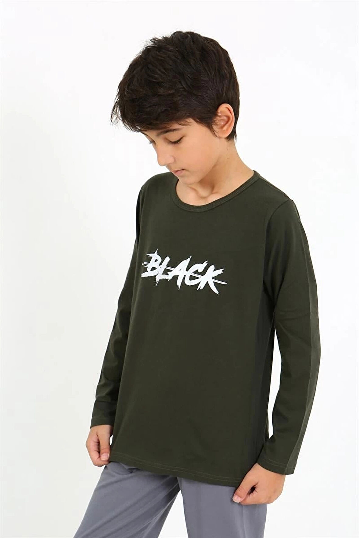 Giyim Erkek Çocuk Uzun Kol Penye Pijama Takım Haki