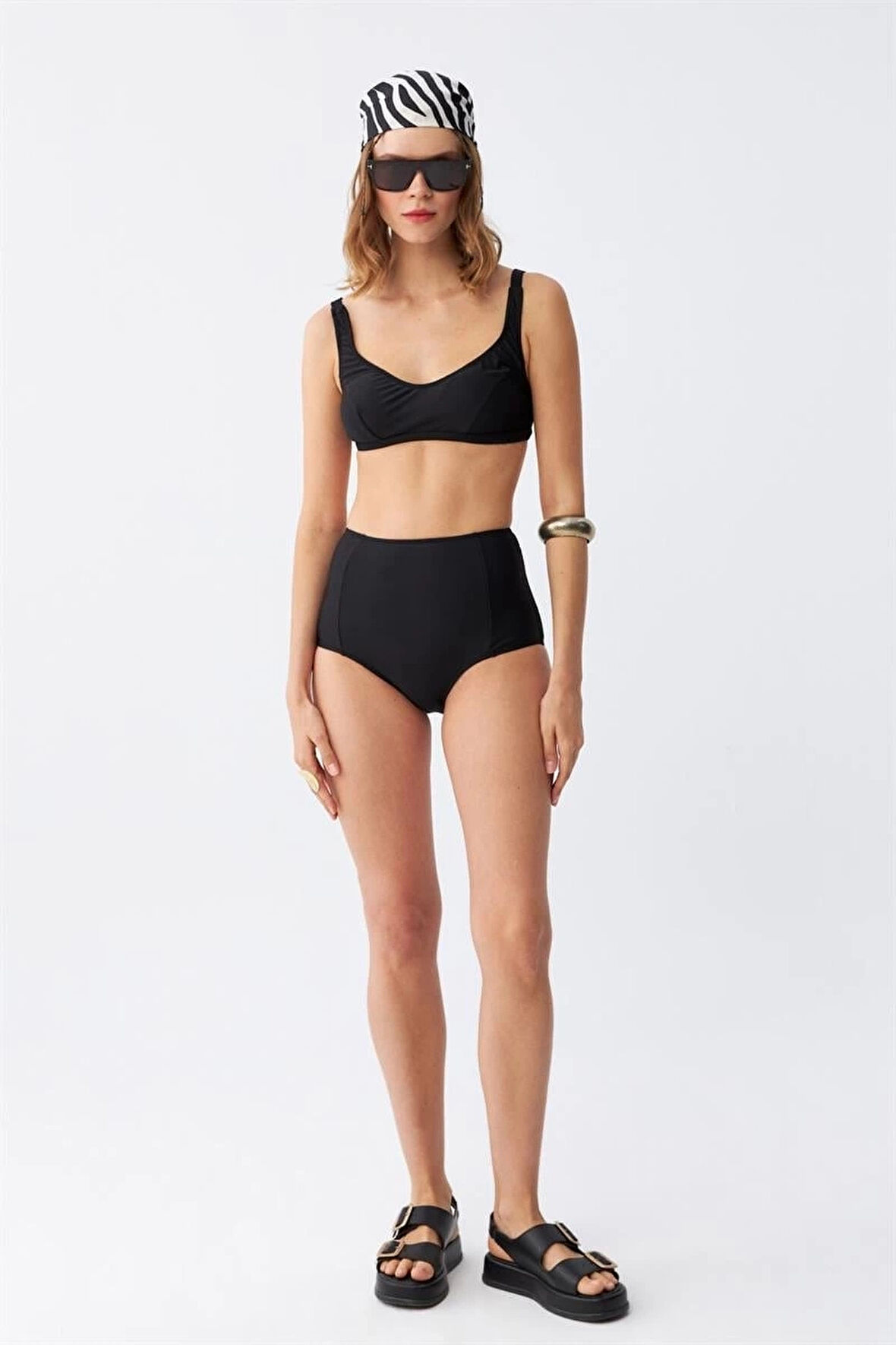 Giyim Kadın Siyah Pedli Kare Yaka Yüksek Bel Bikini Takımı