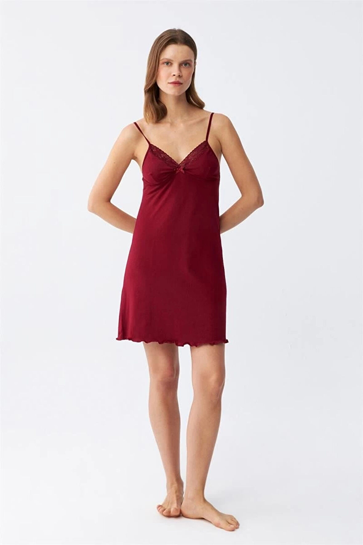 Giyim İp Askılı Penye Gecelik Bordo