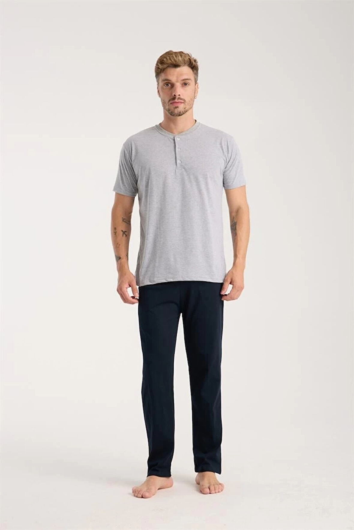 Giyim Erkek Gri Düğmeli Yaka Kısa Kol Pijama Takımı